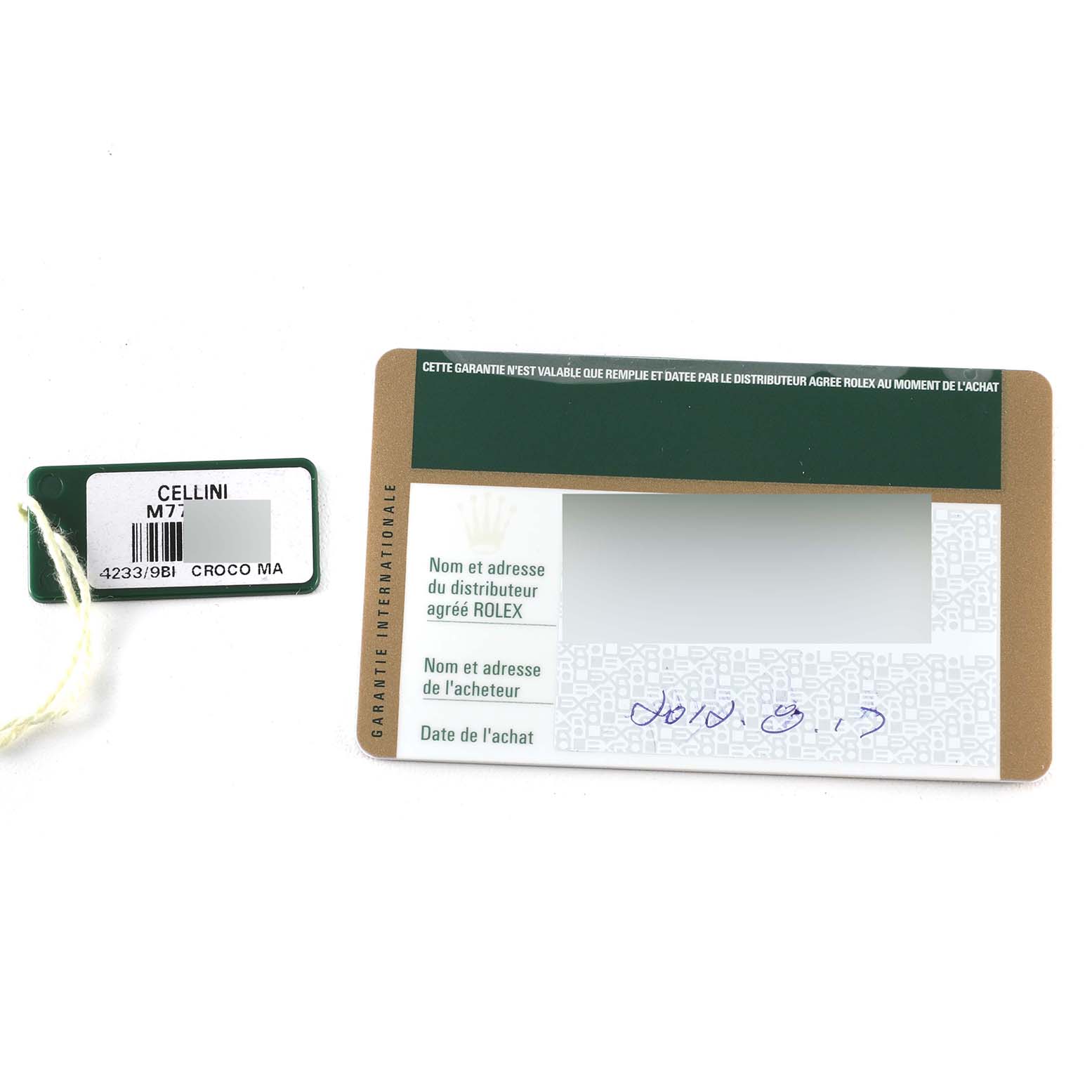 The image shows the warranty card and tag for a Rolex Cellini 4233 Men's White Gold Black Dial 4233 Men's White Gold Black Dial model, including model number M7.