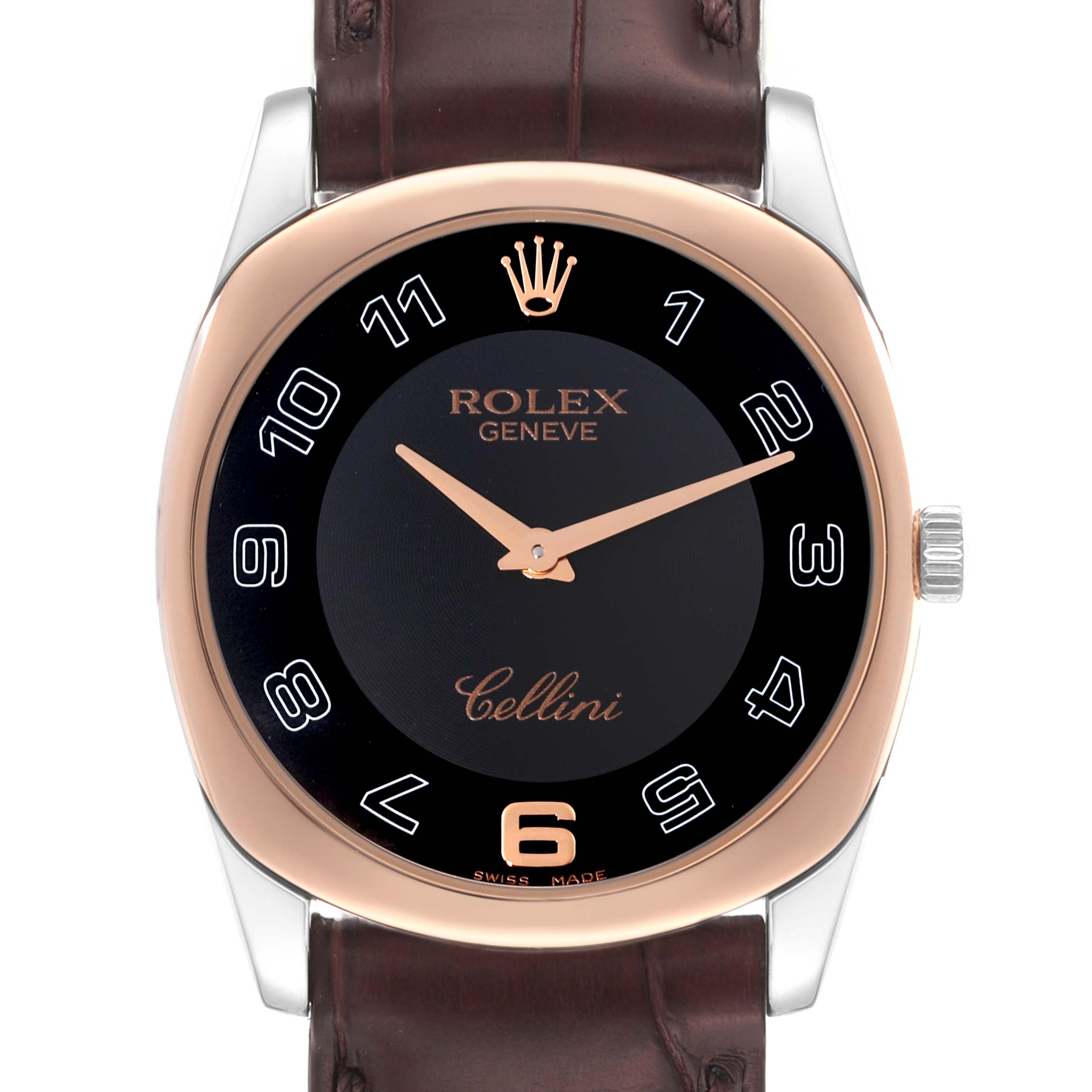 The image shows the front view of a Rolex Cellini 4233 Men's White Gold Black Dial 4233 Men's White Gold Black Dial watch, displaying its dial, case, crown, and leather strap.