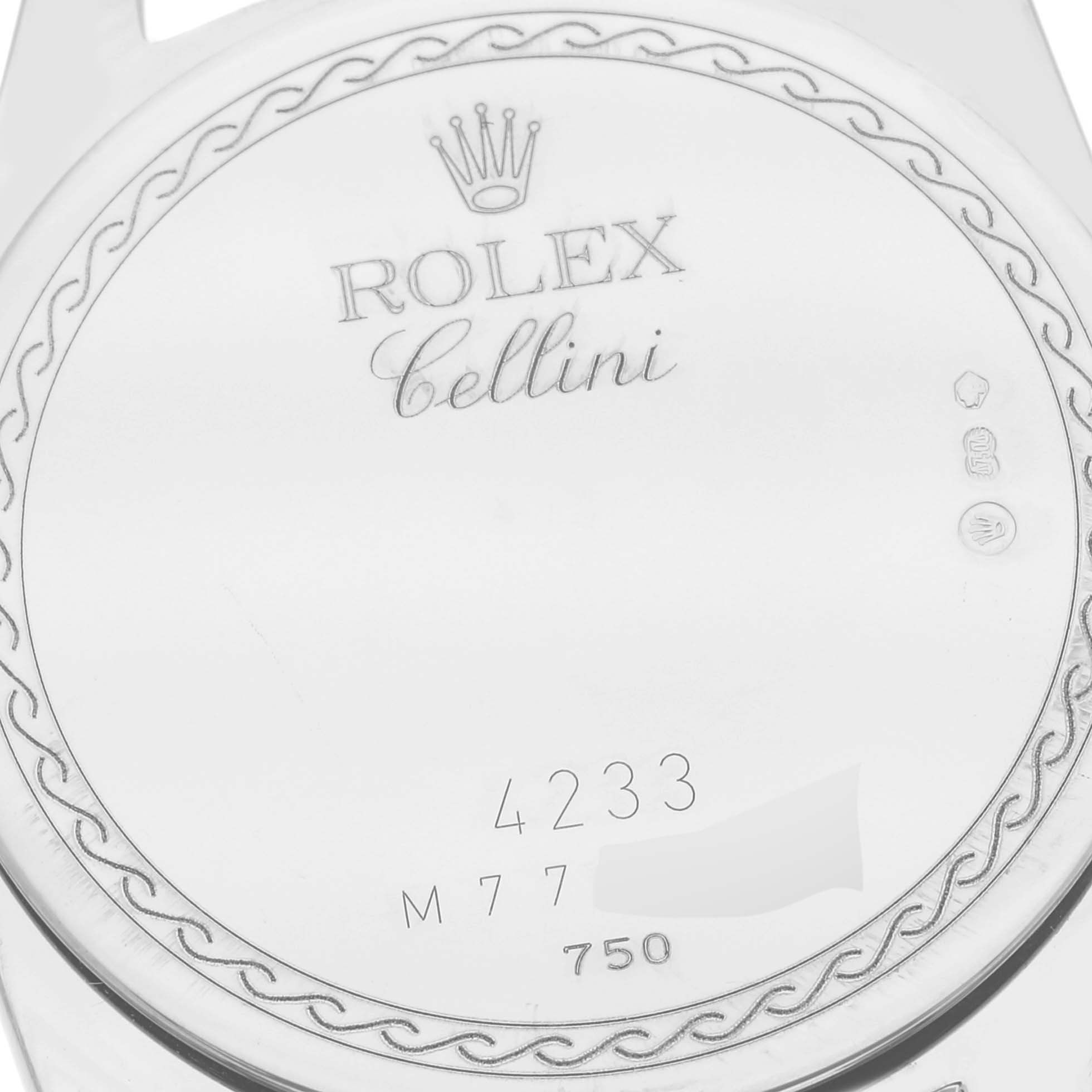 The image shows the back case of a Rolex Cellini 4233 Men's White Gold Black Dial 4233 Men's White Gold Black Dial watch, including the engraved brand name, model name, and serial numbers.