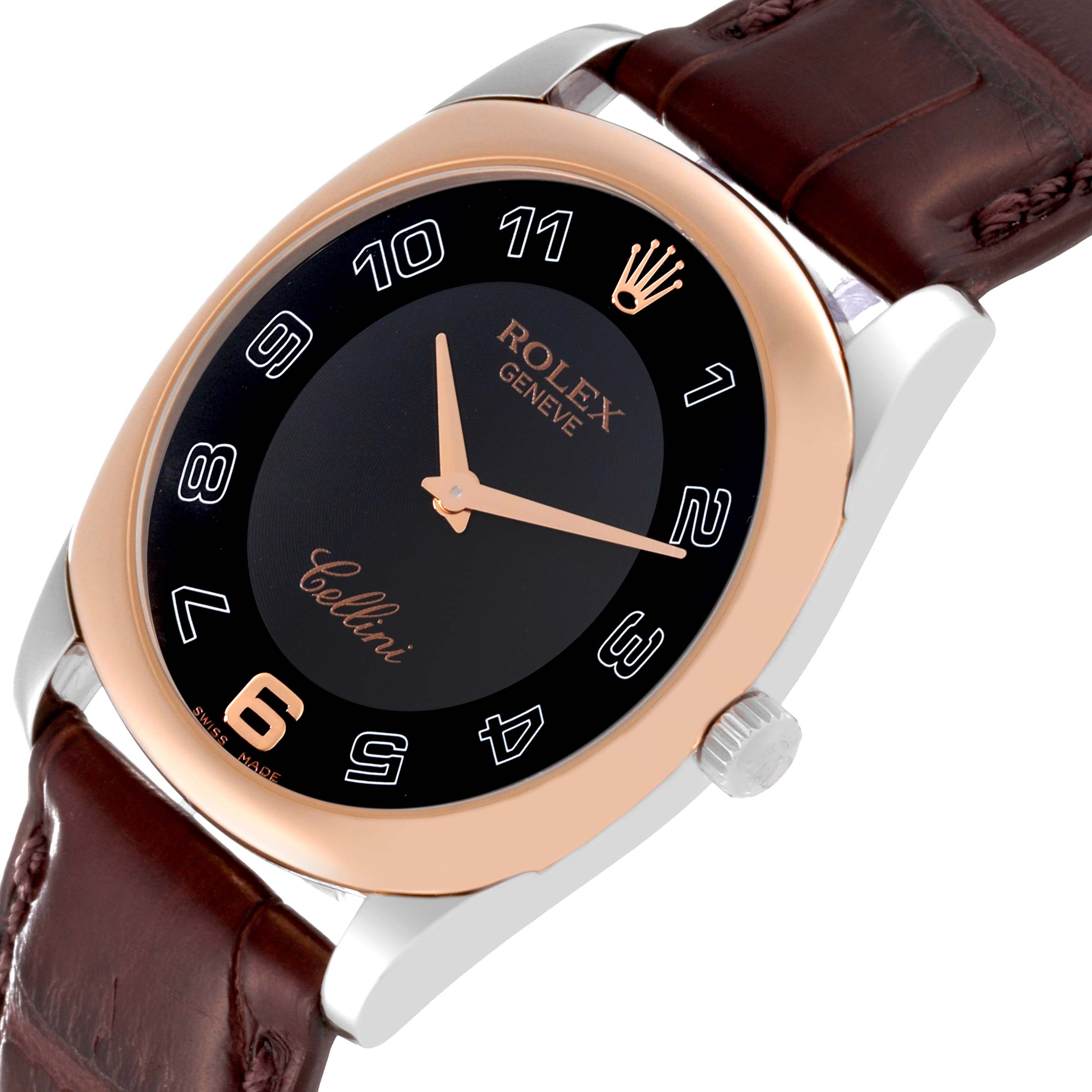 The image shows a close-up of a Rolex Cellini 4233 Men's White Gold Black Dial 4233 Men's White Gold Black Dial watch, highlighting its face, bezel, and part of the leather strap.