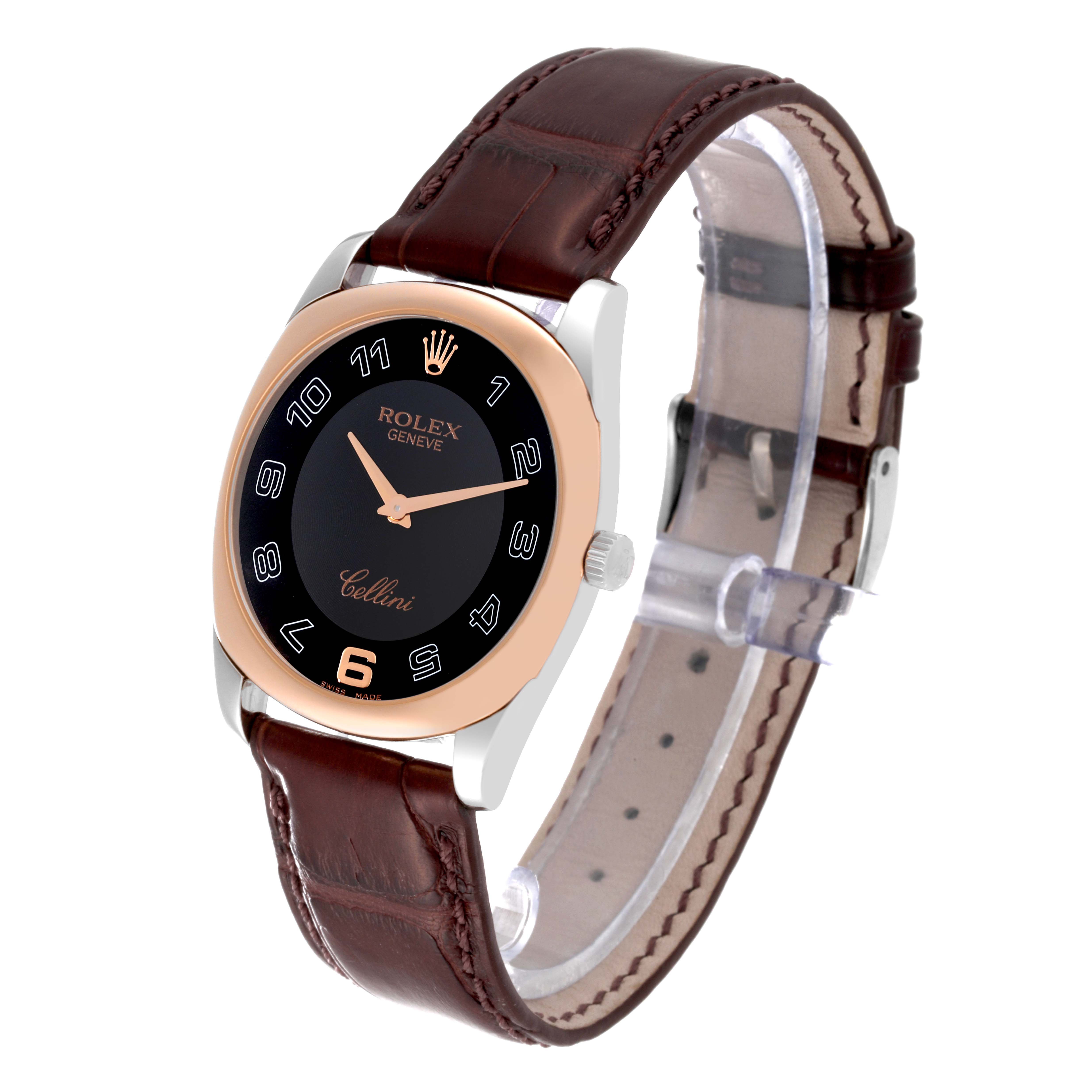 The Rolex Cellini 4233 Men's White Gold Black Dial 4233 Men's White Gold Black Dial watch is shown at a slight angle, featuring its dial, crown, and brown leather strap.