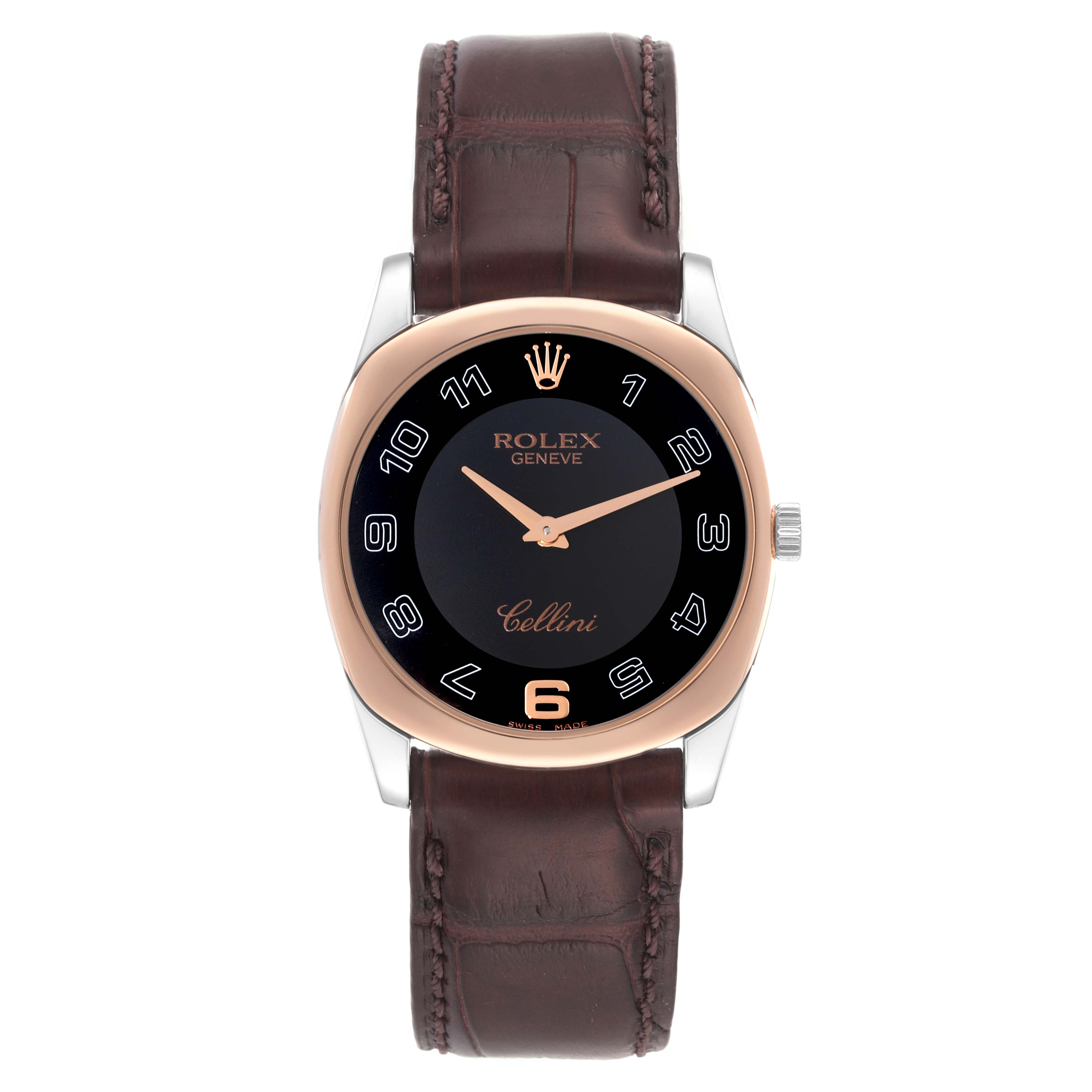 The Rolex Cellini 4233 Men's White Gold Black Dial 4233 Men's White Gold Black Dial watch is shown from a front angle, highlighting its dial, case, crown, and leather strap.