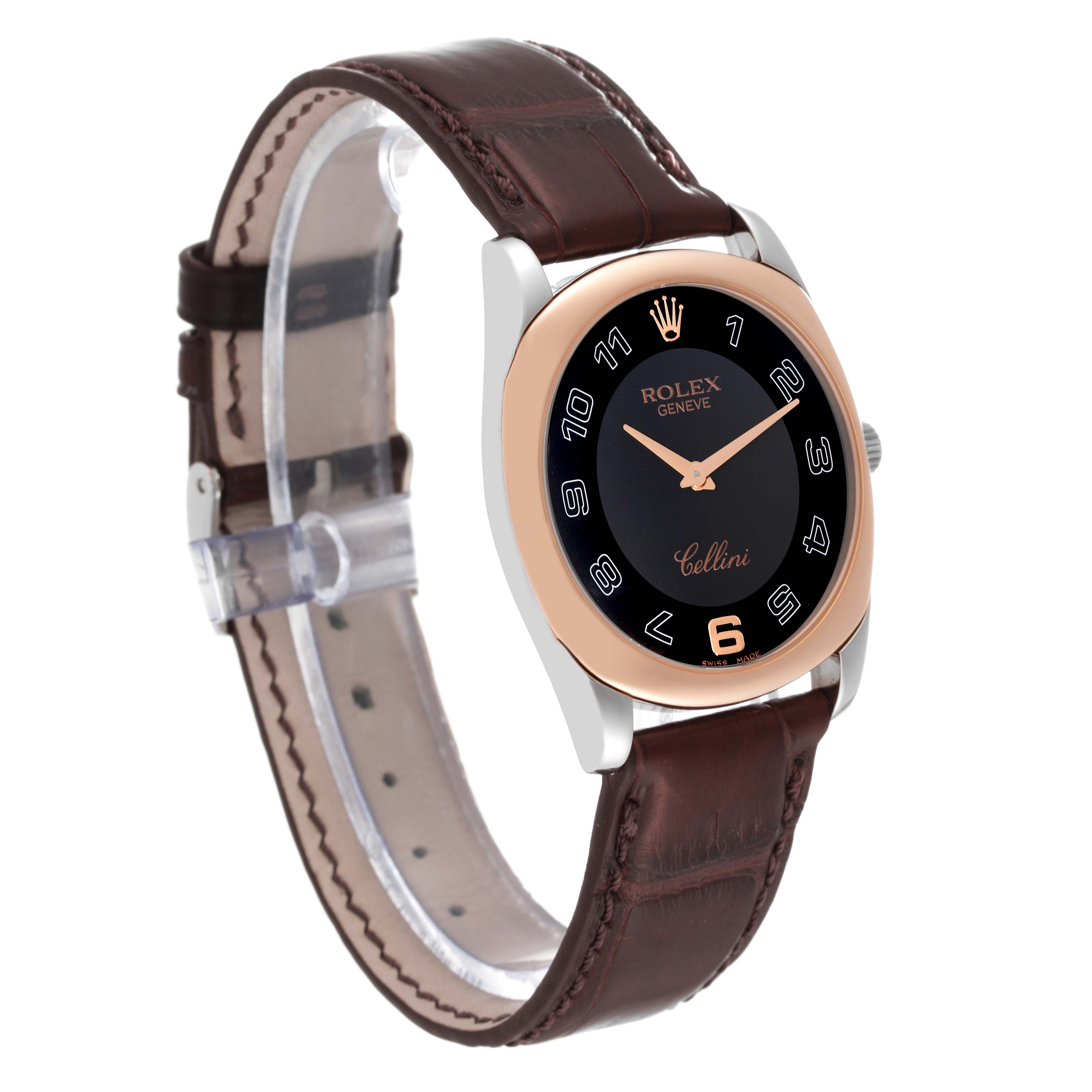 The Rolex Cellini 4233 Men's White Gold Black Dial 4233 Men's White Gold Black Dial watch is shown at a slight angle showcasing its face, bezel, and leather strap.