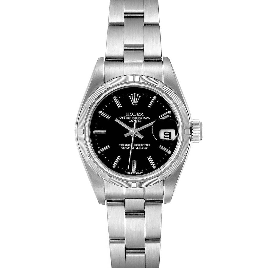 Rolex Date 26 Stainless Steel Black Baton Dial Ladies Watch 79190 SwissWatchExpo
