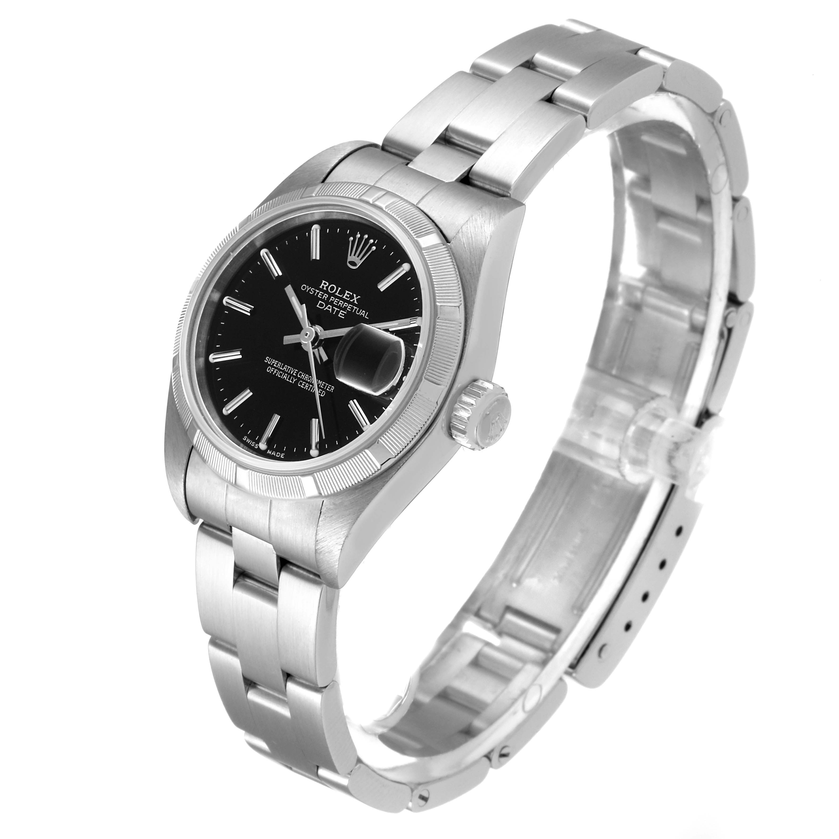 This image shows a side angle of a Rolex Date 79190 Women's Stainless Steel Black Dial 79190 Women's Stainless Steel Black Dial model watch, highlighting the dial, bezel, bracelet, and clasp.