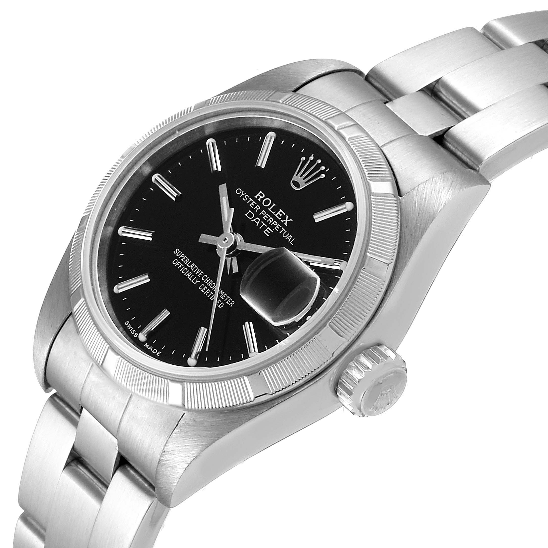 The image shows a Rolex Date 79190 Women's Stainless Steel Black Dial 79190 Women's Stainless Steel Black Dial watch from an angled side view, highlighting the face, bezel, and part of the bracelet.