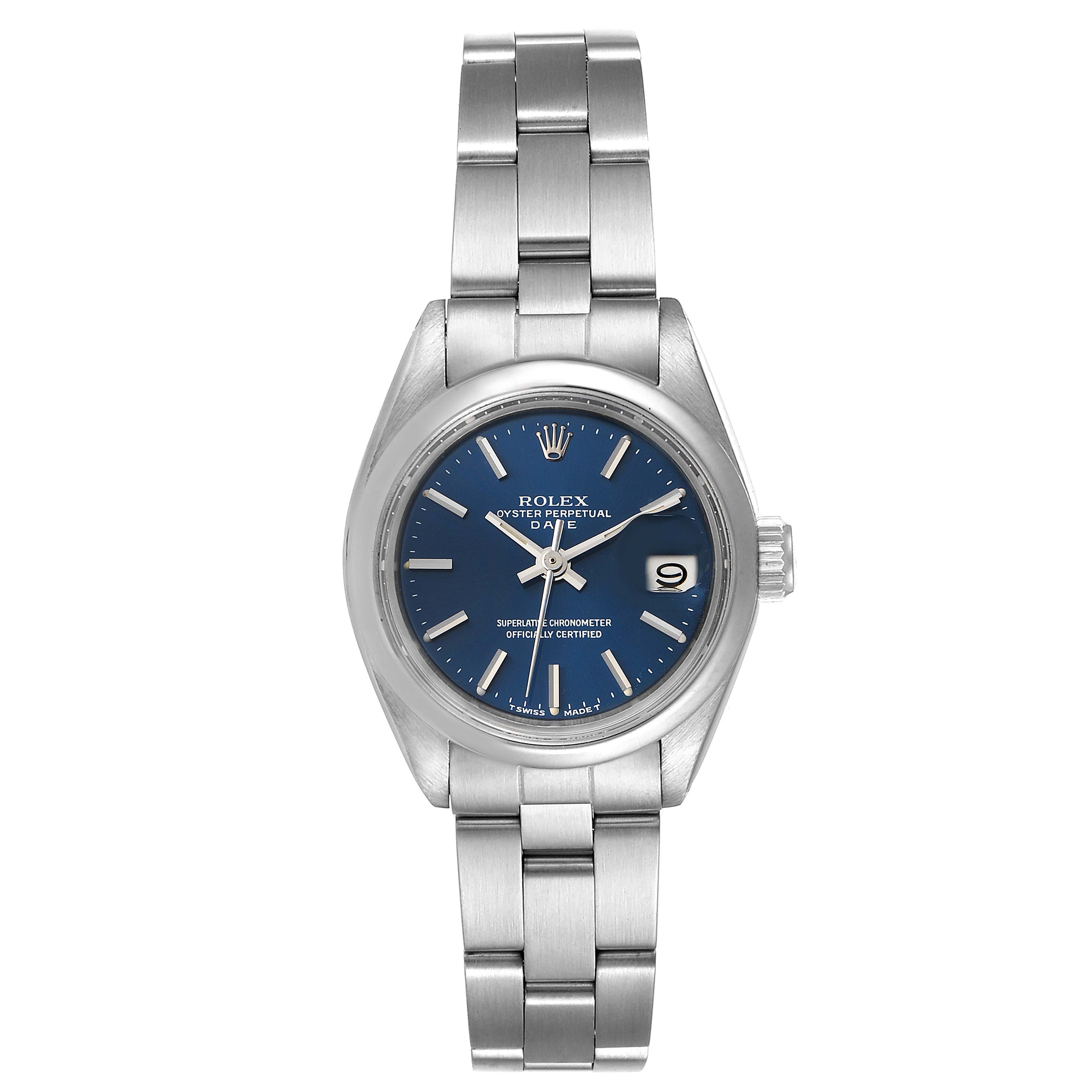 The image shows a front view of a Rolex Date 6916 Women's Stainless Steel Blue Dial 6916 Women's Stainless Steel Blue Dial model watch, highlighting its blue dial, stainless steel case, and bracelet.