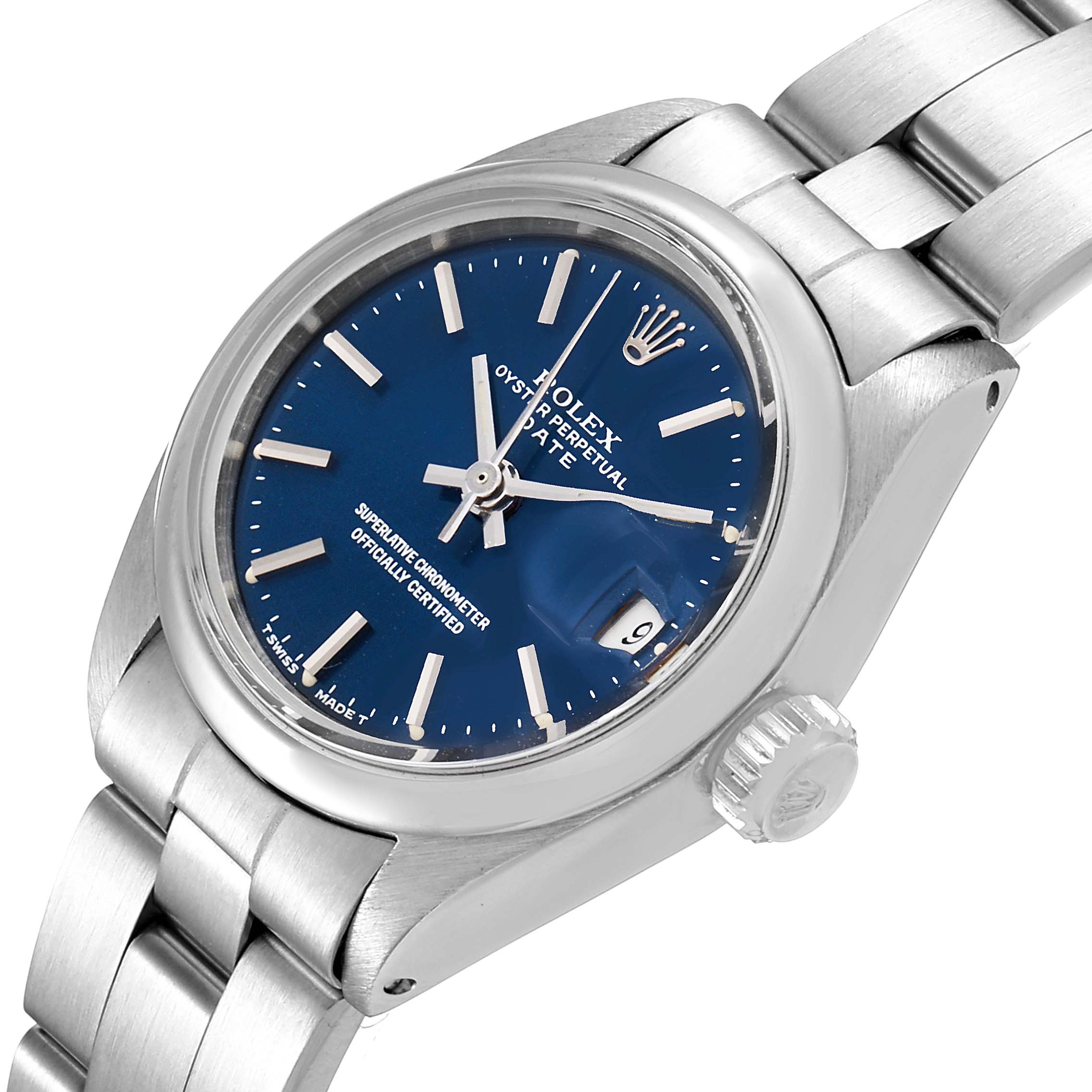 This image shows a blue-dial Rolex Date 6916 Women's Stainless Steel Blue Dial 6916 Women's Stainless Steel Blue Dial model at a slight angle, highlighting the face, bezel, crown, and part of the bracelet.