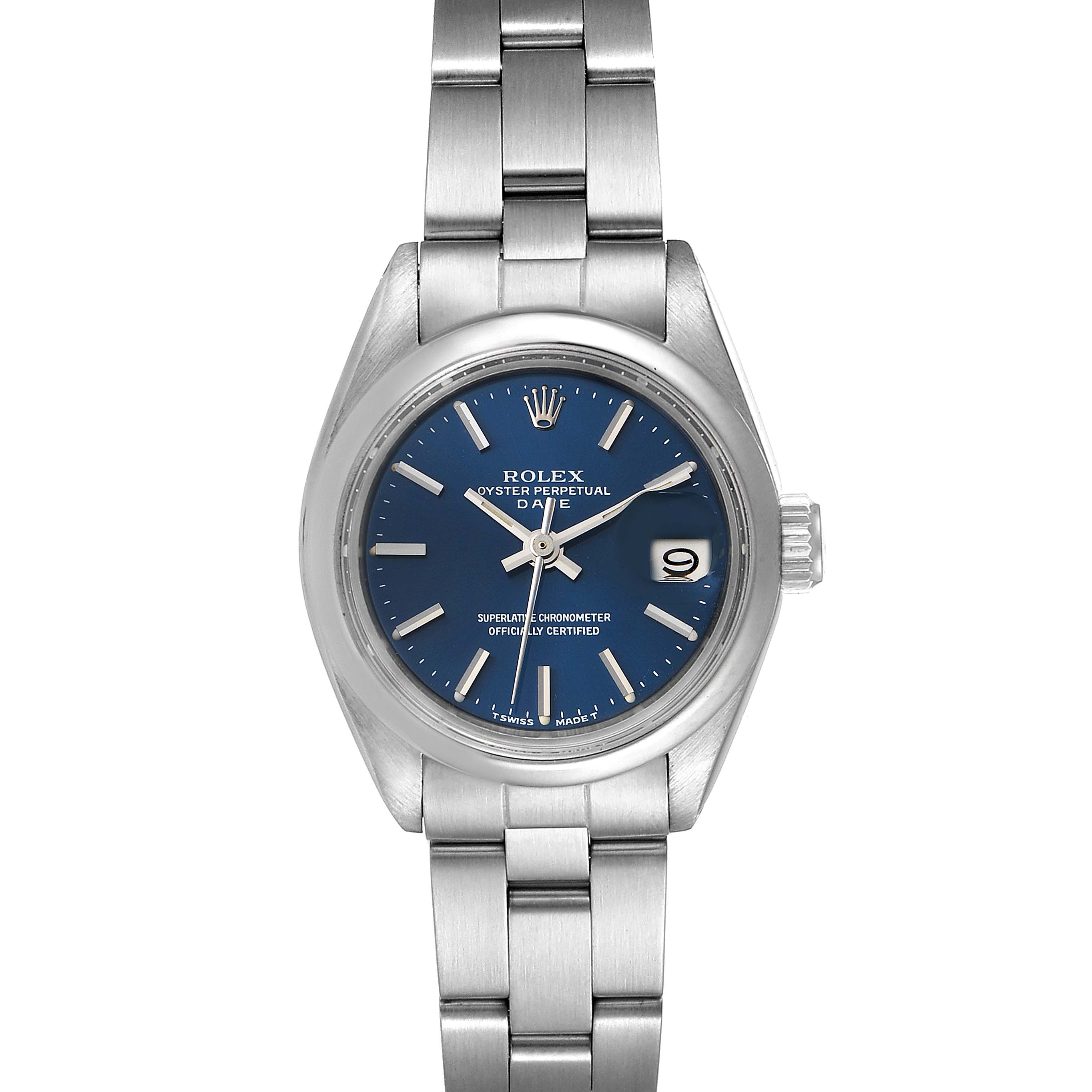 The image shows a front view of the Rolex Date 6916 Women's Stainless Steel Blue Dial 6916 Women's Stainless Steel Blue Dial model watch, displaying its face, bracelet, and crown.