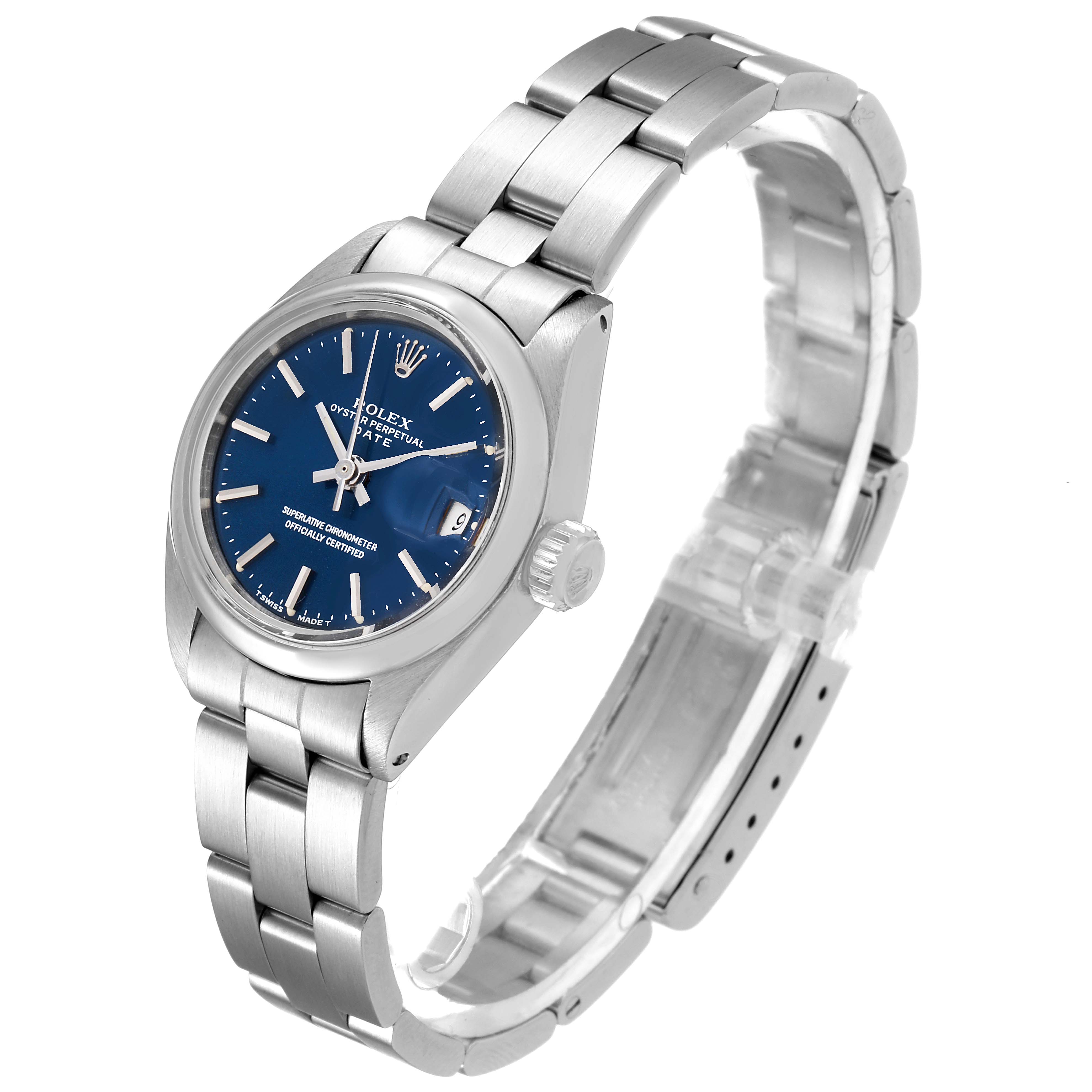 This image shows a side and front angled view of a Rolex Date 6916 Women's Stainless Steel Blue Dial 6916 Women's Stainless Steel Blue Dial model watch, highlighting its blue dial, date window, and metal bracelet.