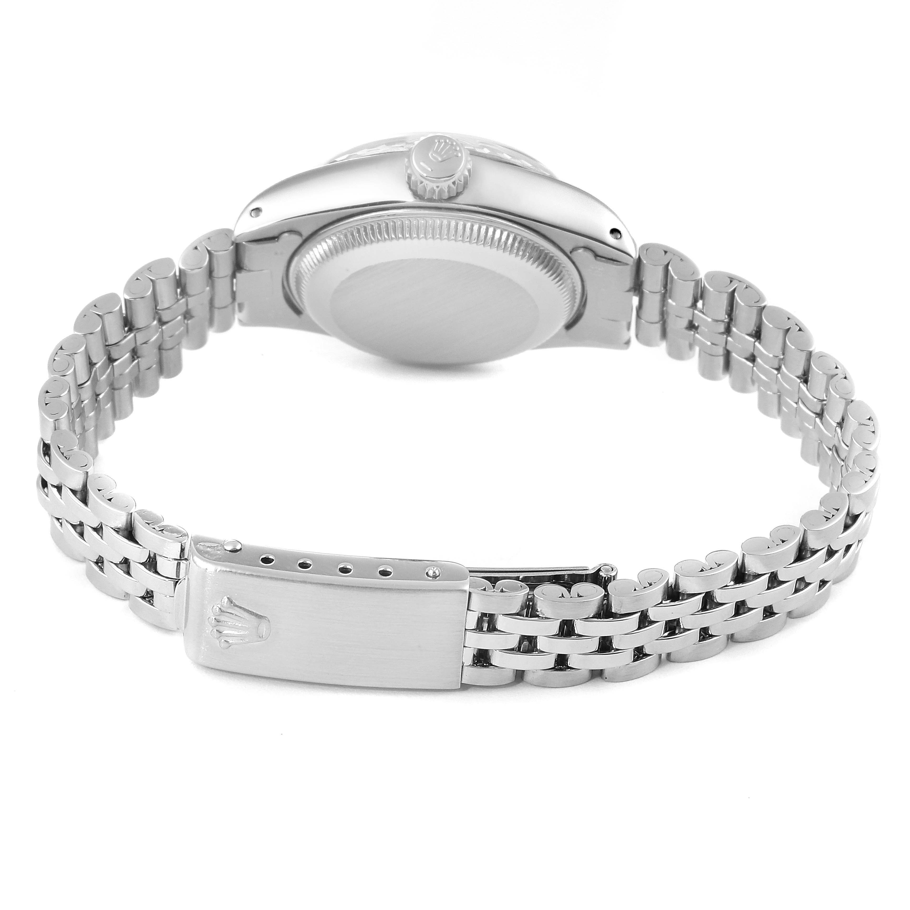 This image shows the back and bracelet of a Rolex Date 6924 Women's Stainless Steel Silver Dial 6924 Women's Stainless Steel Silver Dial model watch, including the clasp and case back.