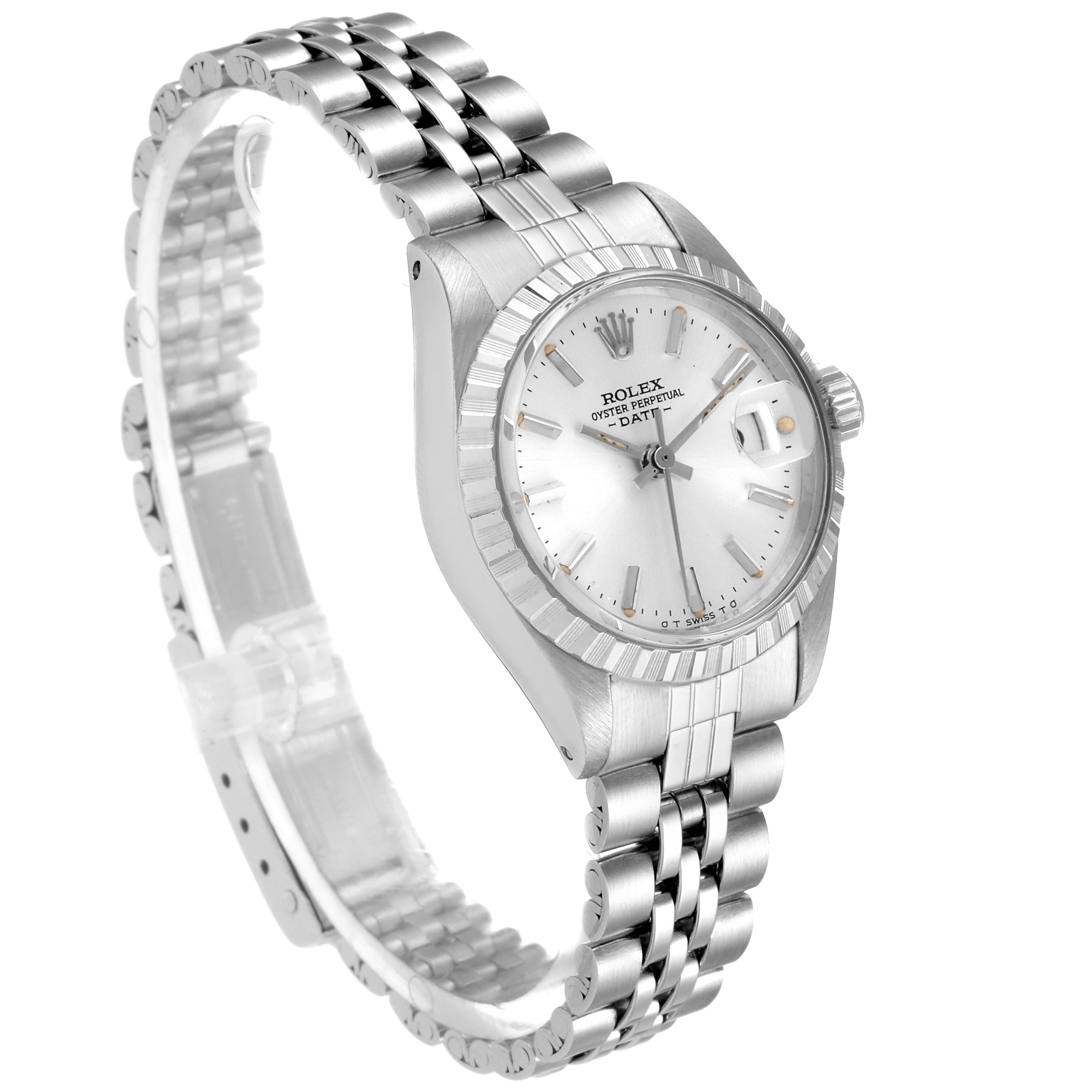 The image shows a Rolex Date 6924 Women's Stainless Steel Silver Dial 6924 Women's Stainless Steel Silver Dial model from a front-left angle, displaying the dial, bezel, and bracelet.