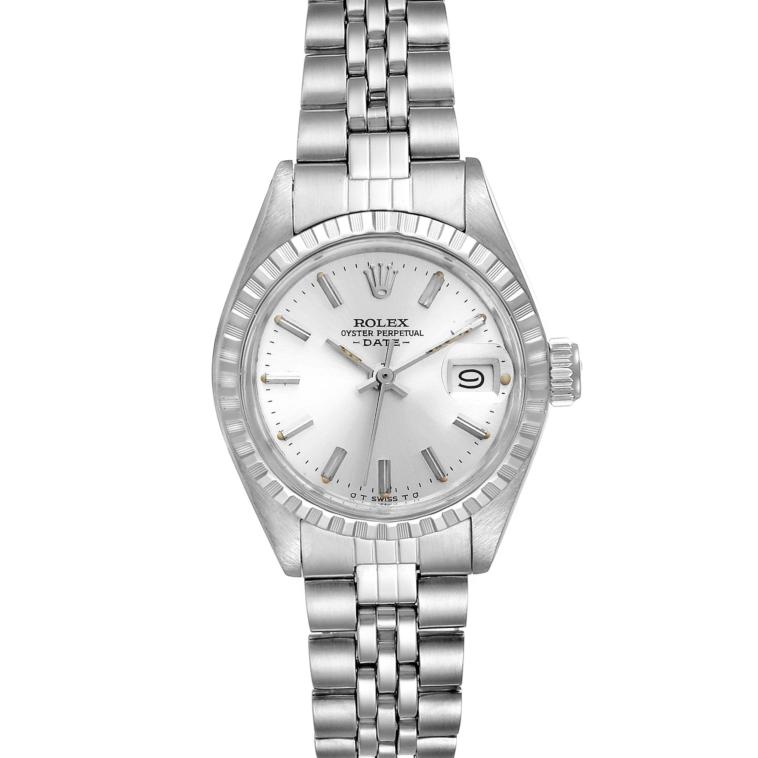 The image shows a front view of a Rolex Date 6924 Women's Stainless Steel Silver Dial 6924 Women's Stainless Steel Silver Dial model watch, highlighting its silver dial, fluted bezel, and jubilee bracelet.
