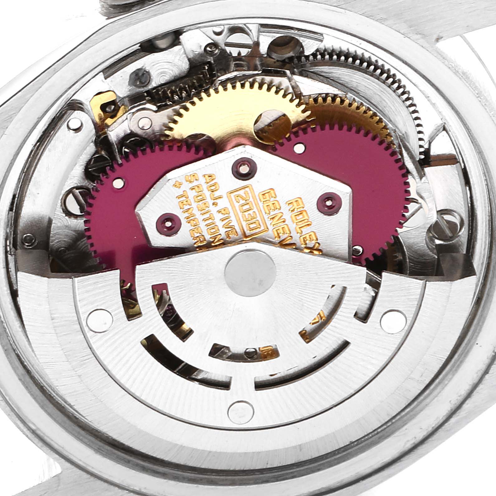 This image shows the internal mechanism of a Rolex Date 6924 Women's Stainless Steel Silver Dial 6924 Women's Stainless Steel Silver Dial model watch at a close-up angle.