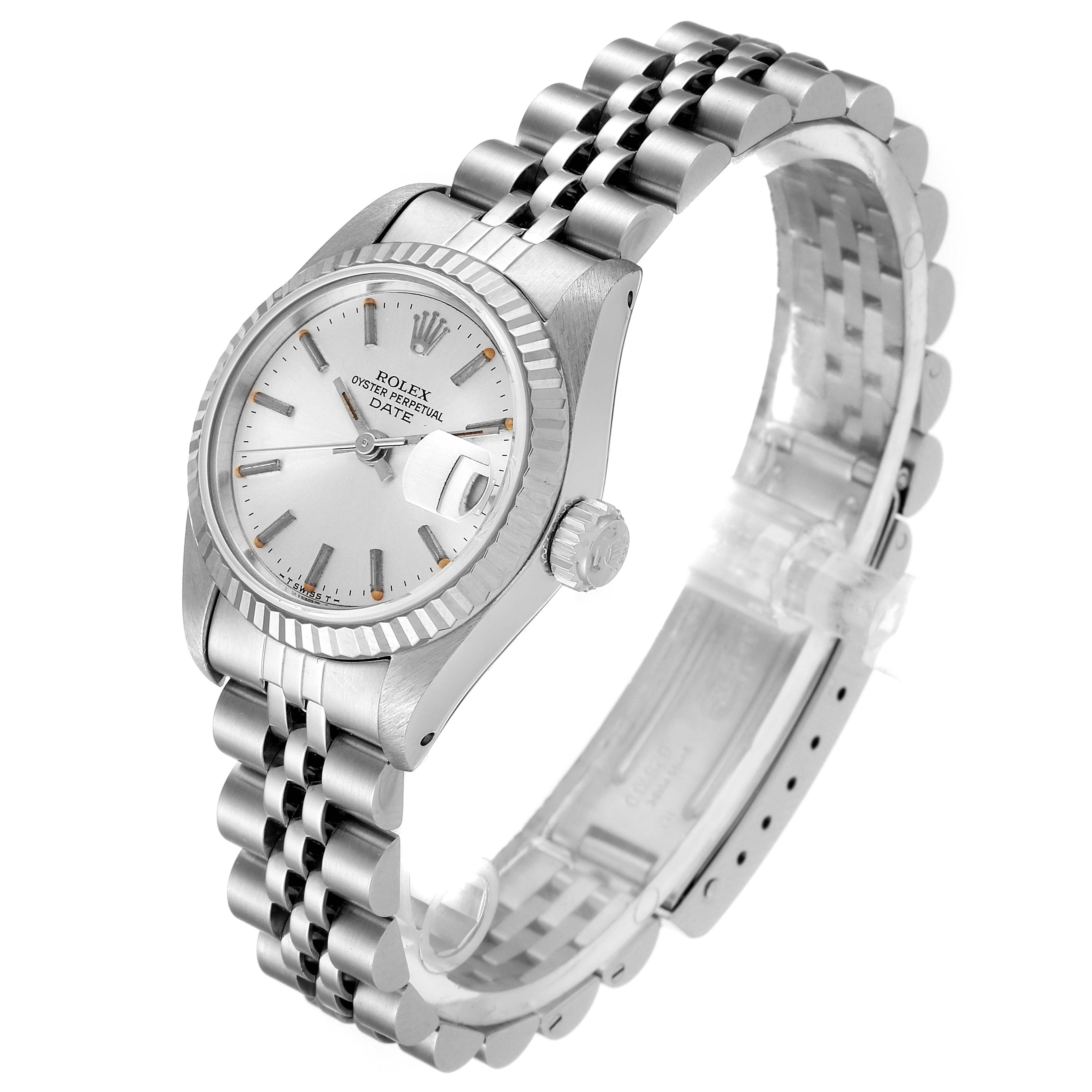 This image shows a silver Rolex Date 69174 Women's Stainless Steel Silver Dial 69174 Women's Stainless Steel Silver Dial model watch at a three-quarter angle, highlighting its dial, bezel, bracelet, and crown.