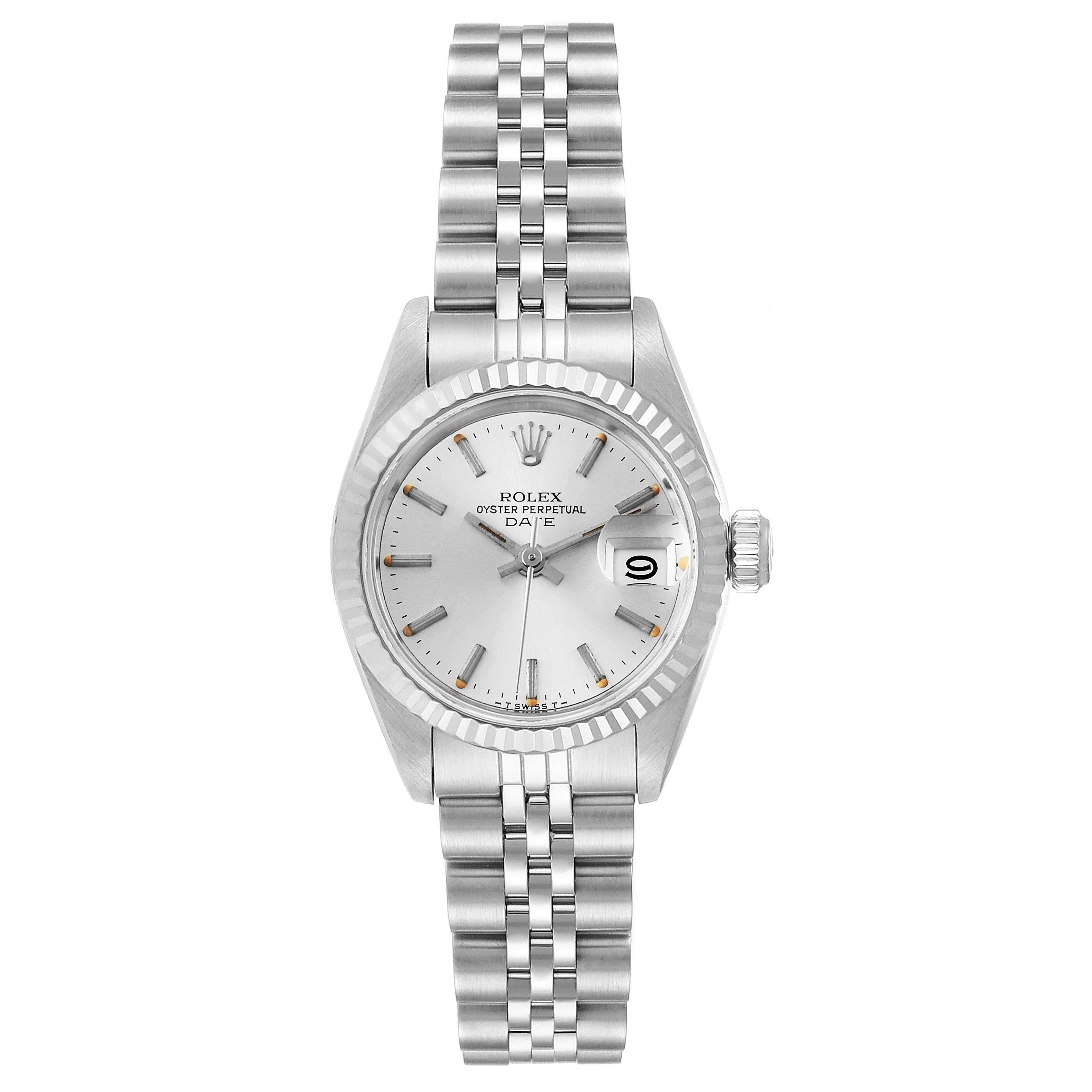 This image shows a Rolex Date 69174 Women's Stainless Steel Silver Dial 69174 Women's Stainless Steel Silver Dial model watch from a front angle, displaying the dial, bezel, bracelet, and crown.