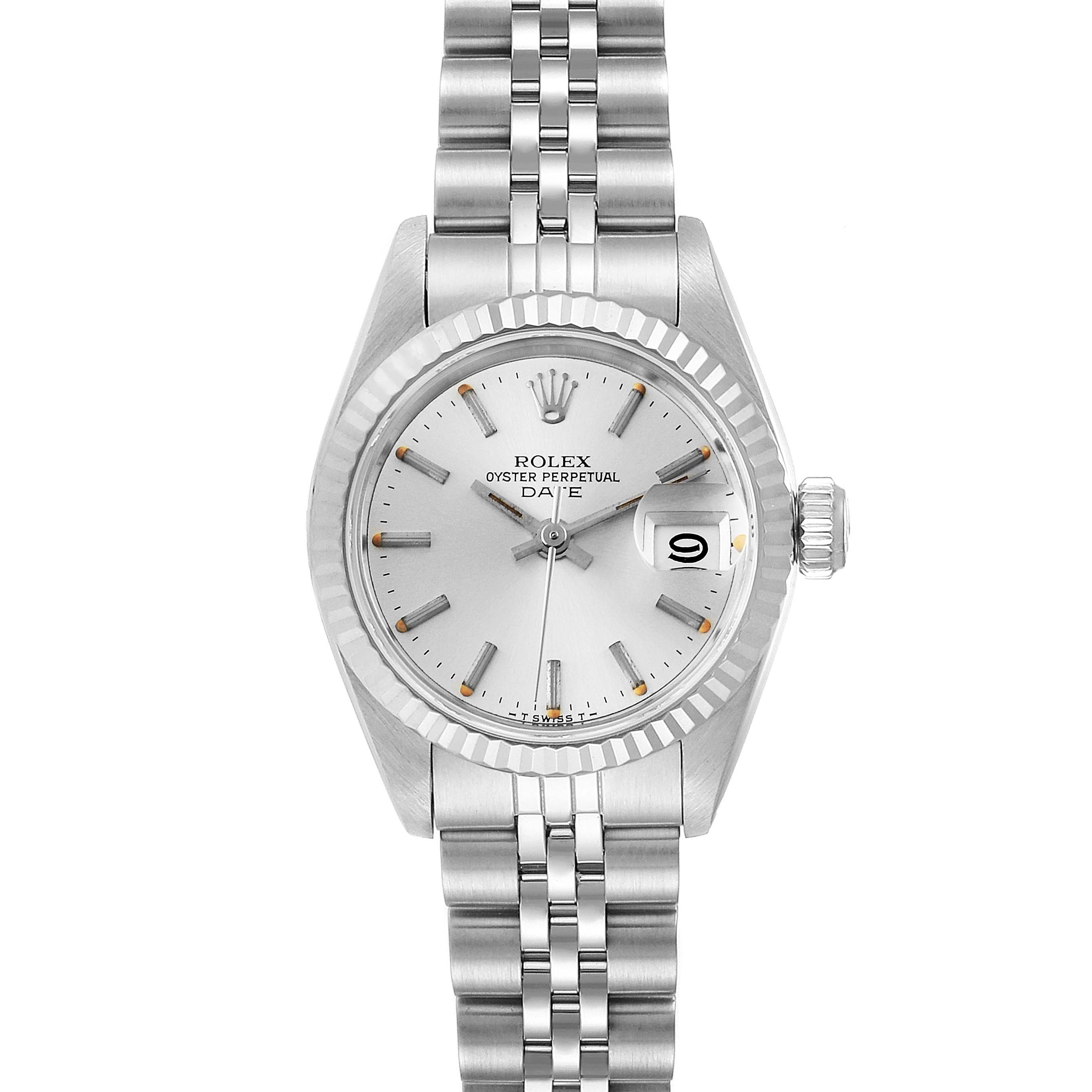 This image shows a front view of a Rolex Date 69174 Women's Stainless Steel Silver Dial 69174 Women's Stainless Steel Silver Dial model watch, highlighting its dial, bezel, crown, and bracelet.