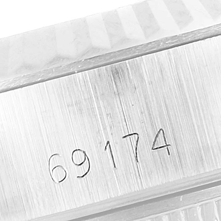 The image shows a close-up angle of the case side with the model number "69174" engraved on this Rolex Date 69174 Women's Stainless Steel Silver Dial 69174 Women's Stainless Steel Silver Dial watch.