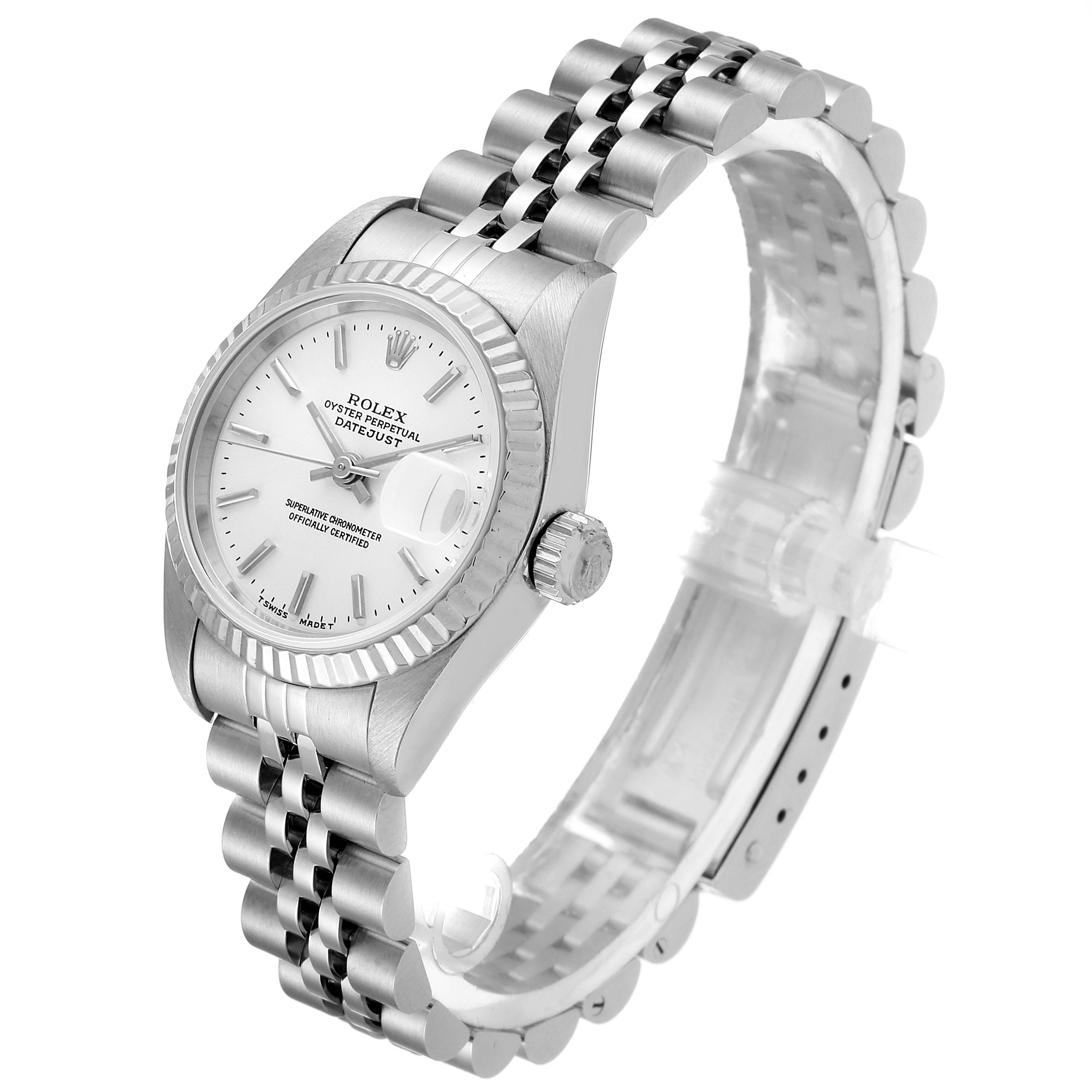 The Rolex Datejust 69174 Women
s Stainless Steel Silver Dial 69174 Women
s Stainless Steel Silver Dial watch is shown from an angled side view, highlighting the dial, bezel, crown, and Jubilee bracelet.