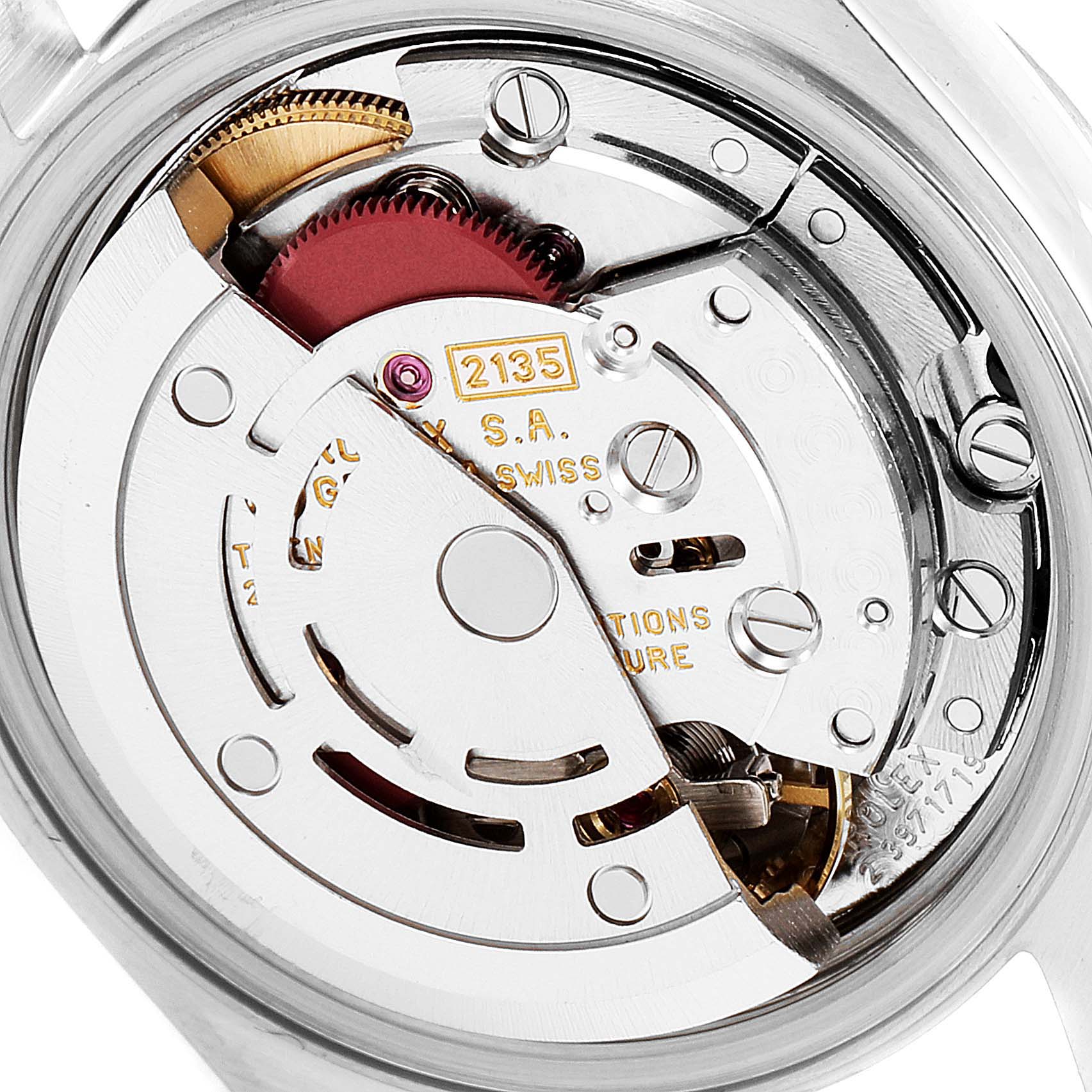 This is a close-up view of the movement inside a Rolex Datejust 69174 Women
s Stainless Steel Silver Dial 69174 Women
s Stainless Steel Silver Dial watch.