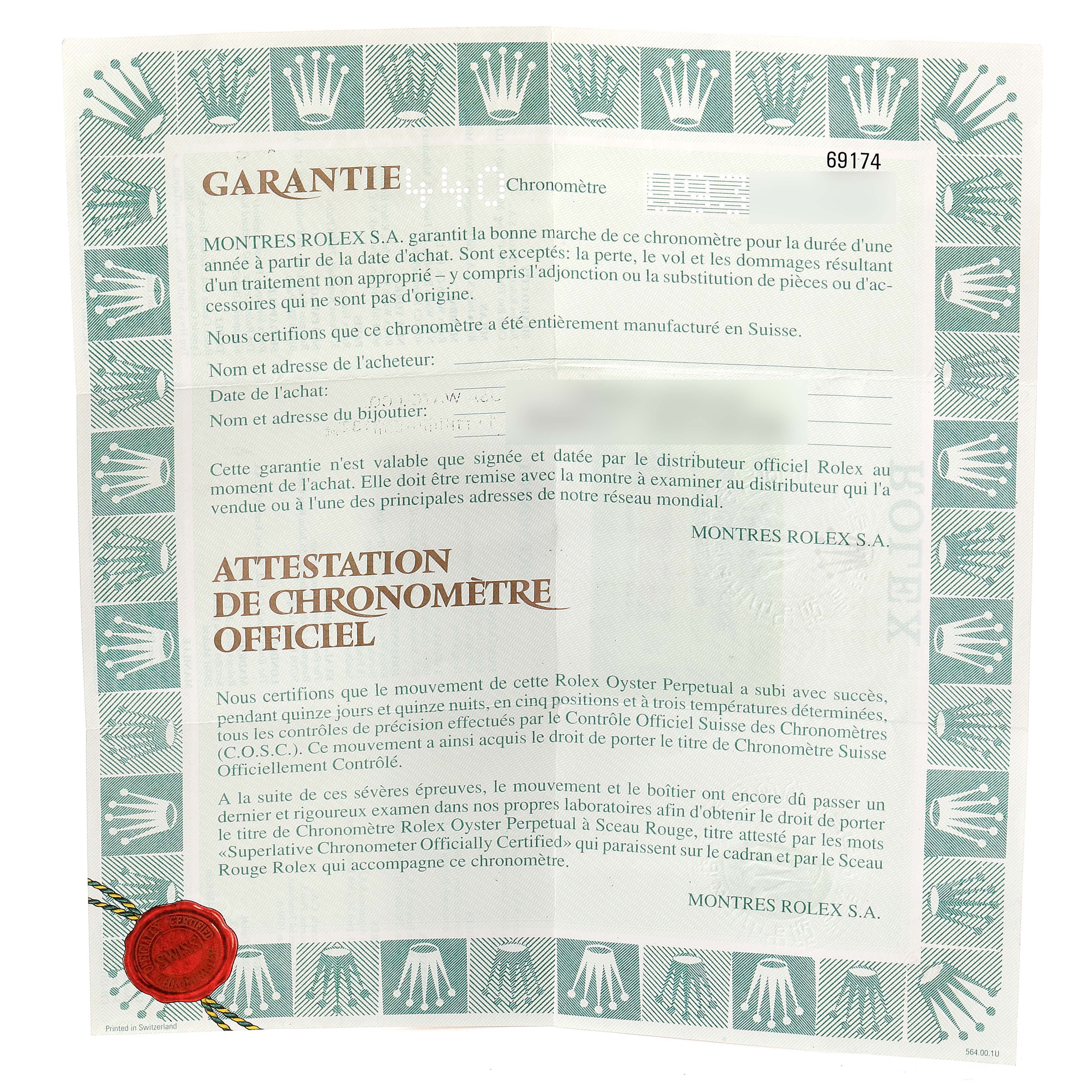 This is a warranty and official chronometer certificate for the Rolex Datejust 69174 Women
s Stainless Steel Silver Dial 69174 Women
s Stainless Steel Silver Dial model, shown flat and fully visible.