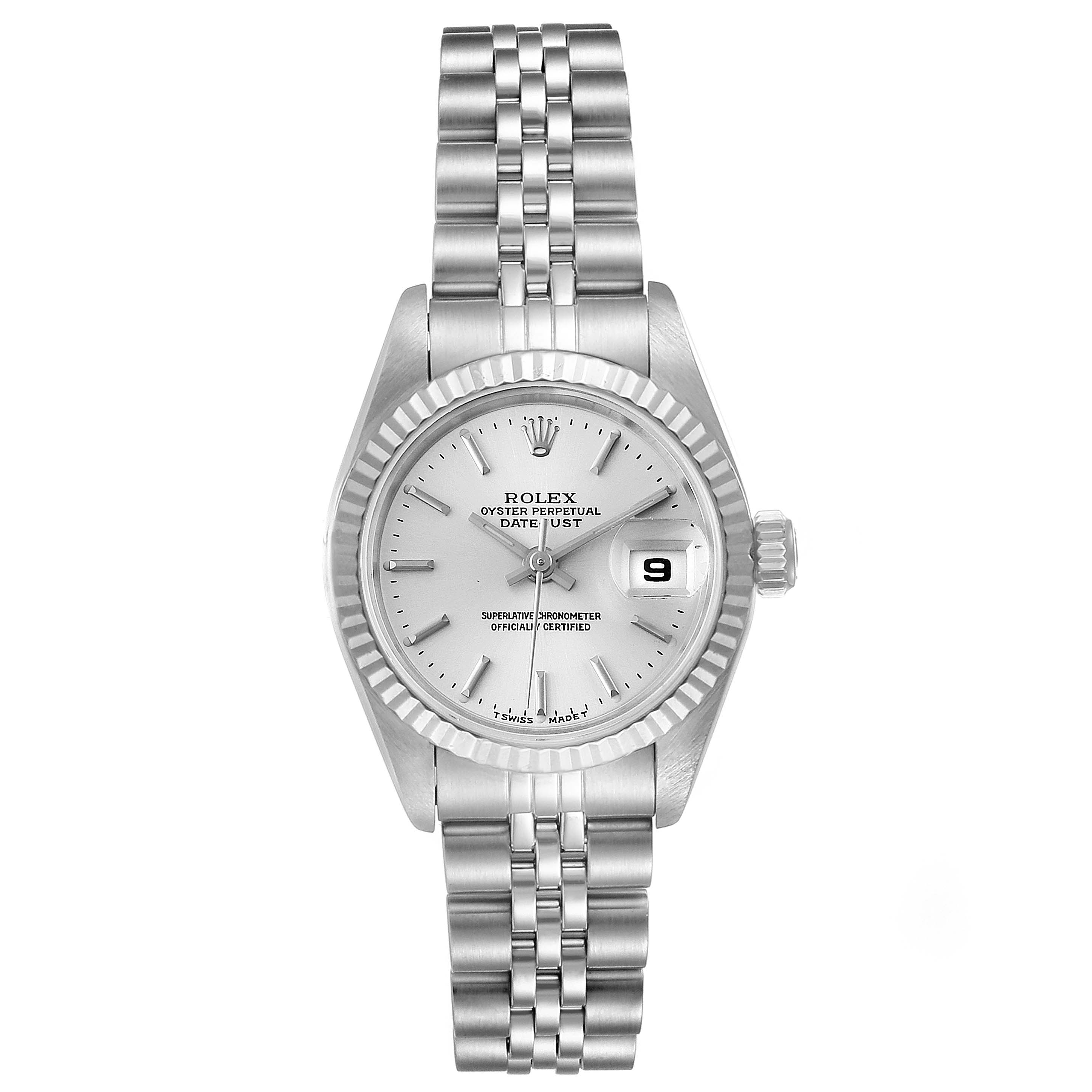 This image shows a front view of a Rolex Datejust 69174 Women
s Stainless Steel Silver Dial 69174 Women
s Stainless Steel Silver Dial watch, including the face, bezel, and bracelet.