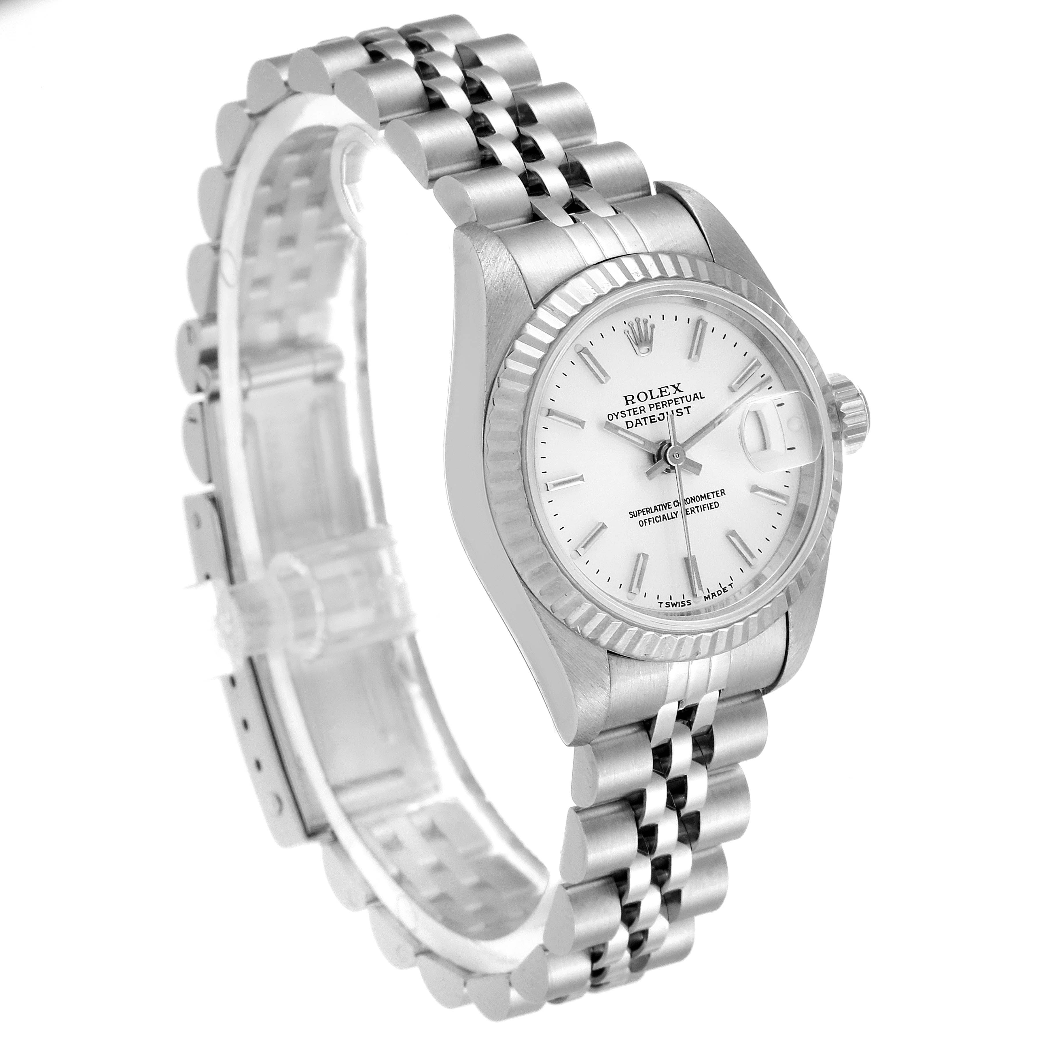 The image shows a Rolex Datejust 69174 Women
s Stainless Steel Silver Dial 69174 Women
s Stainless Steel Silver Dial watch angled from the front-left, highlighting the dial, bezel, and jubilee bracelet.