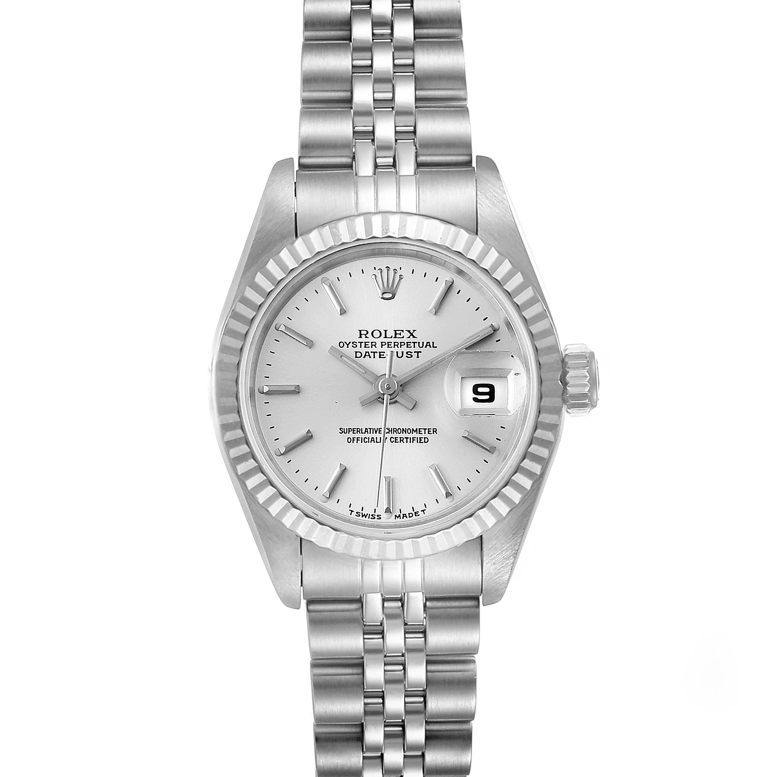 This is a front view of a Rolex Datejust 69174 Women
s Stainless Steel Silver Dial 69174 Women
s Stainless Steel Silver Dial model, showing its face, dial, bezel, crown, and bracelet.