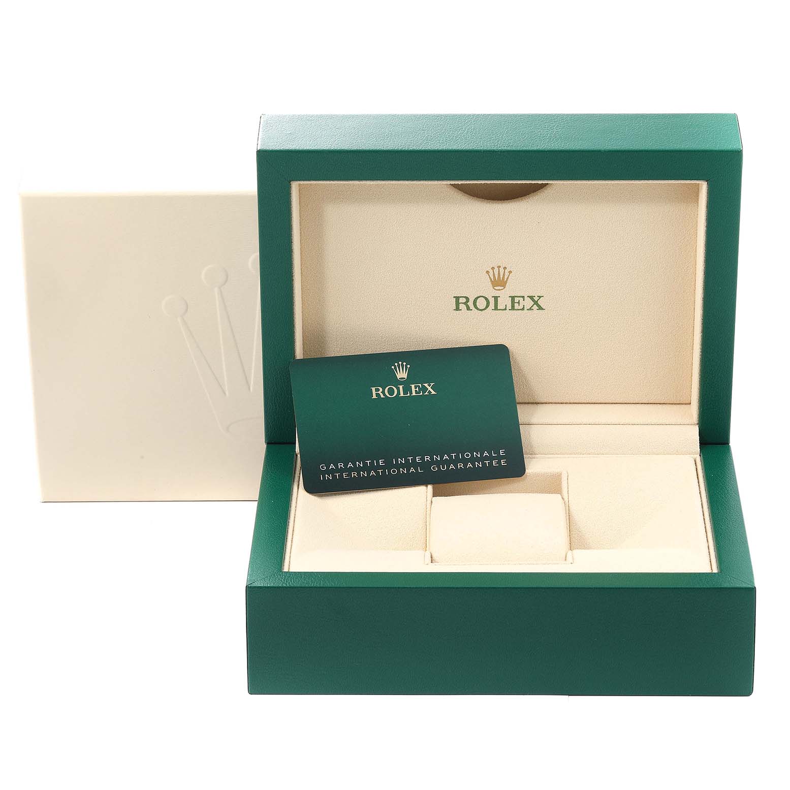 This image shows the packaging, warranty card, and cushioned interior for a Rolex Datejust 41 126300 Men's Stainless Steel Black Dial 126300 Men's Stainless Steel Black Dial watch.