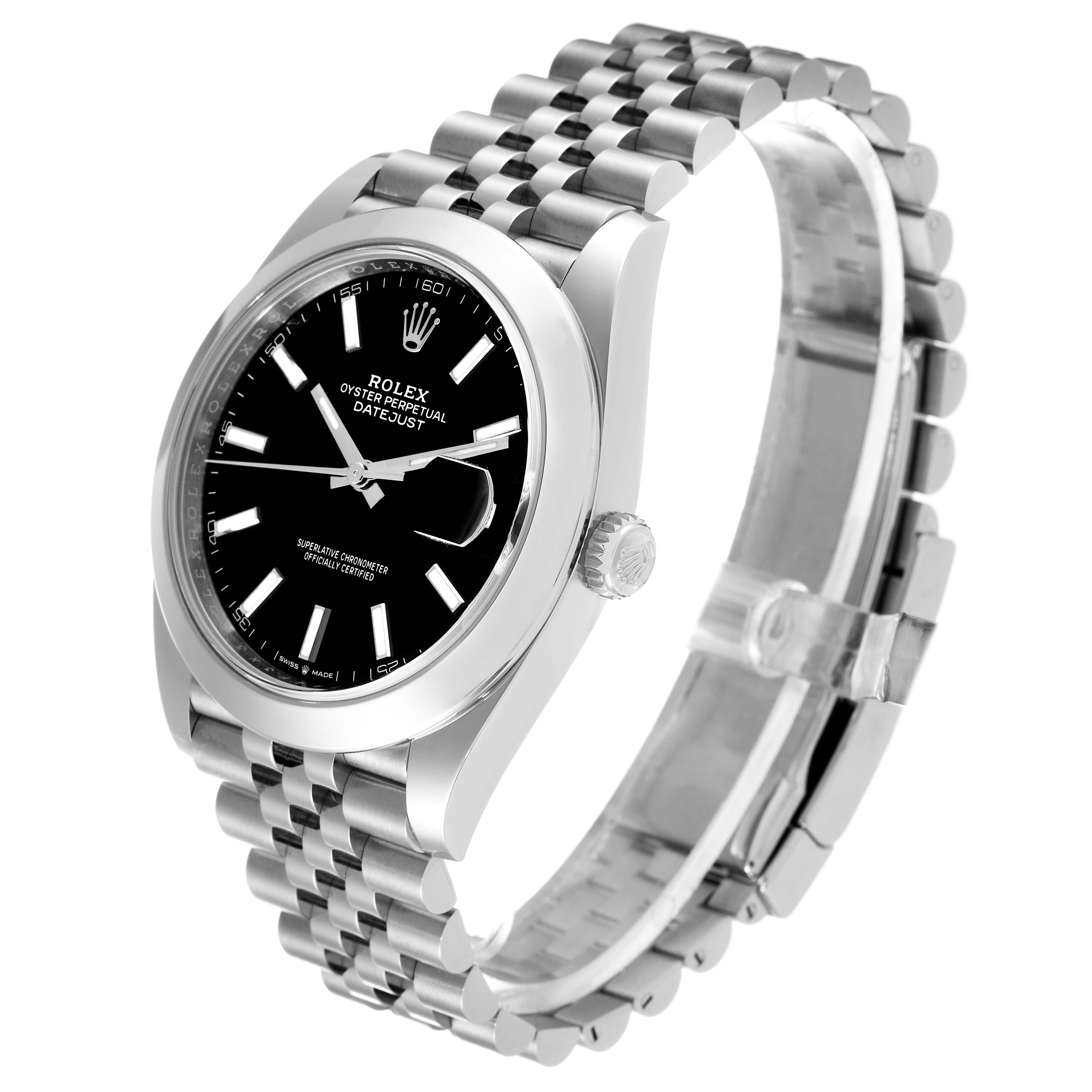 The image shows a Rolex Datejust 41 126300 Men's Stainless Steel Black Dial 126300 Men's Stainless Steel Black Dial watch from a three-quarter angle highlighting its face, bezel, crown, and bracelet.