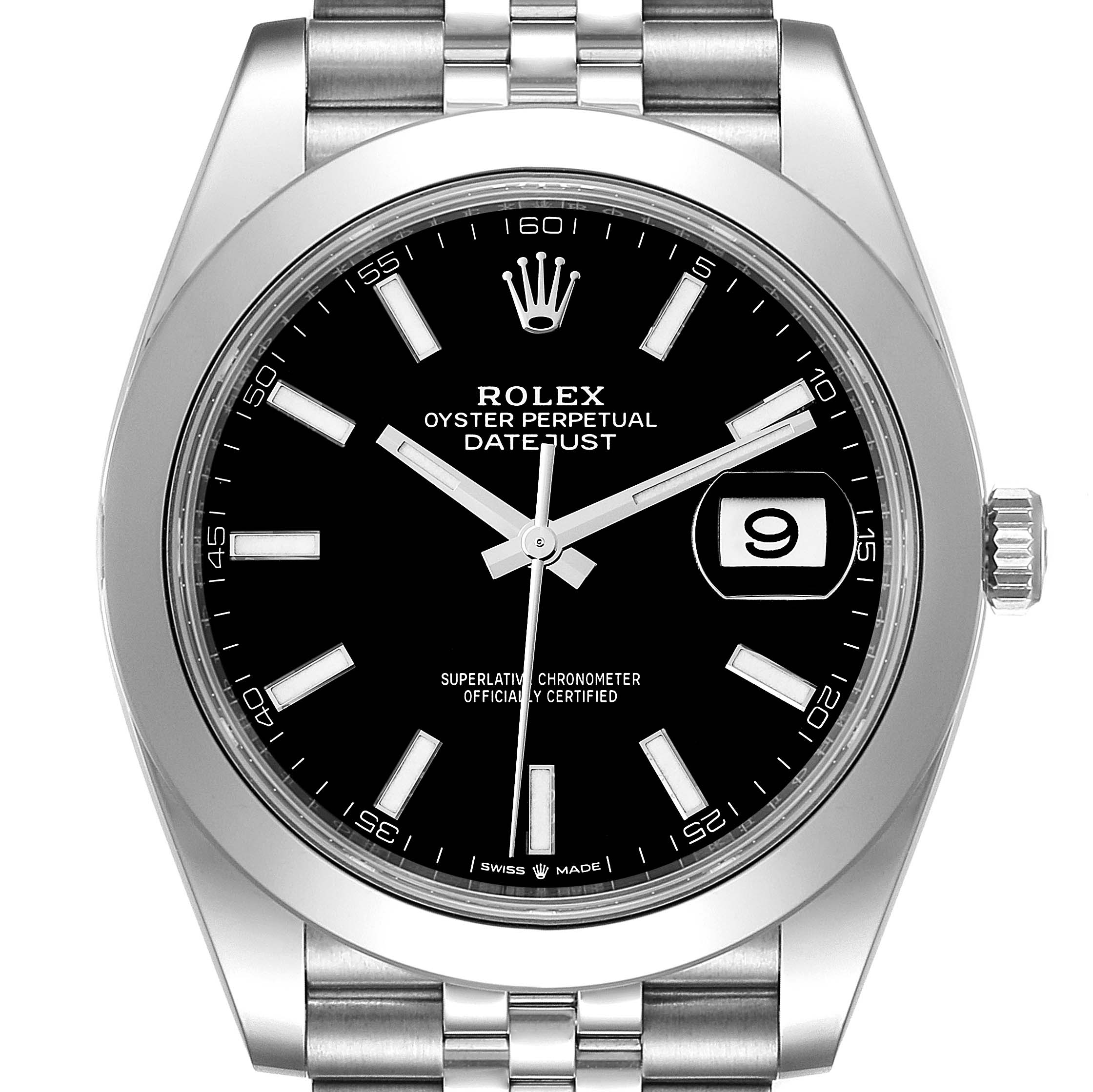 The image shows a Rolex Datejust 41 126300 Men's Stainless Steel Black Dial 126300 Men's Stainless Steel Black Dial watch from a front angle, highlighting its black dial, silver markers, and bracelet.