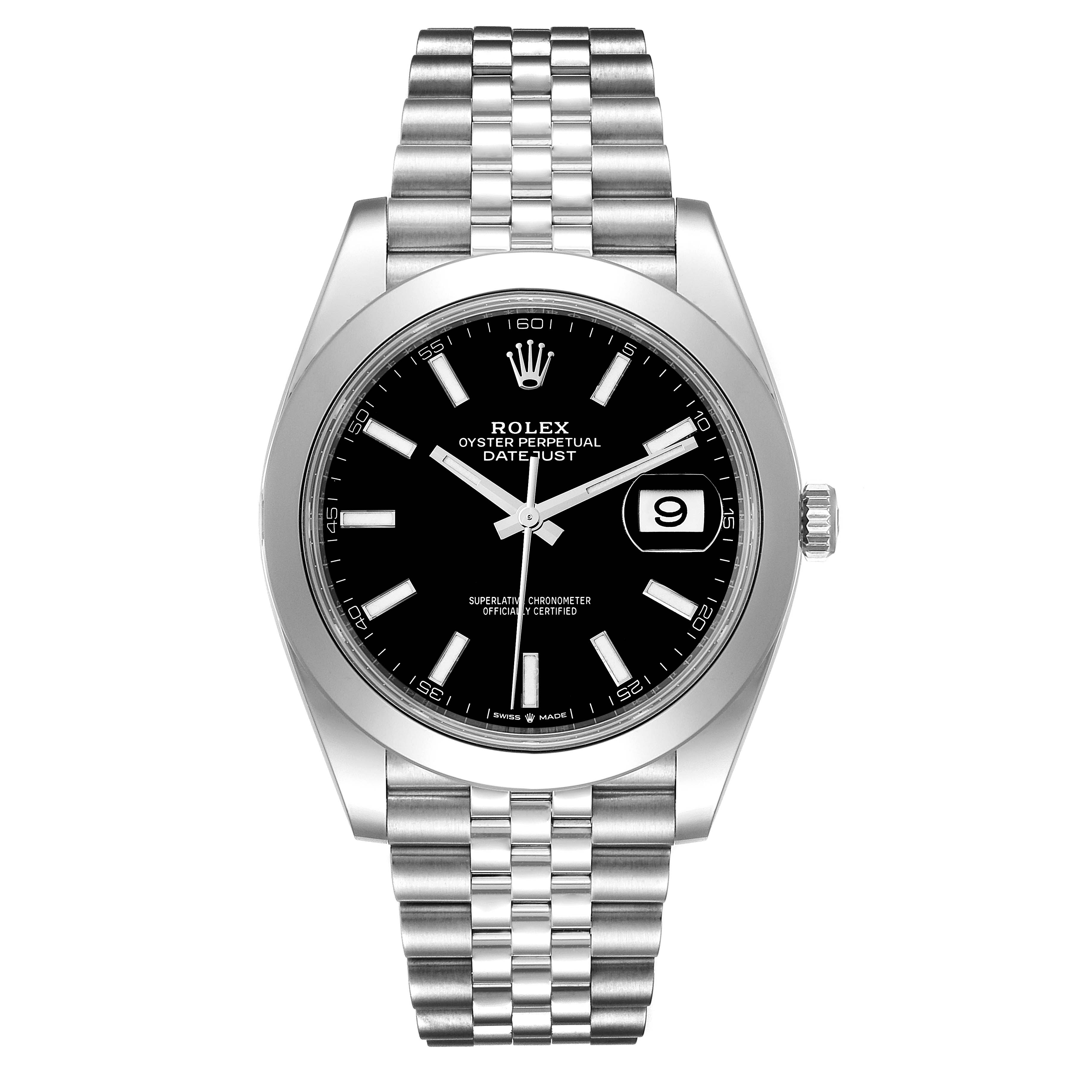 The image shows a Rolex Datejust 41 126300 Men's Stainless Steel Black Dial 126300 Men's Stainless Steel Black Dial watch from a front angle, highlighting its black dial, date display, and Jubilee bracelet.