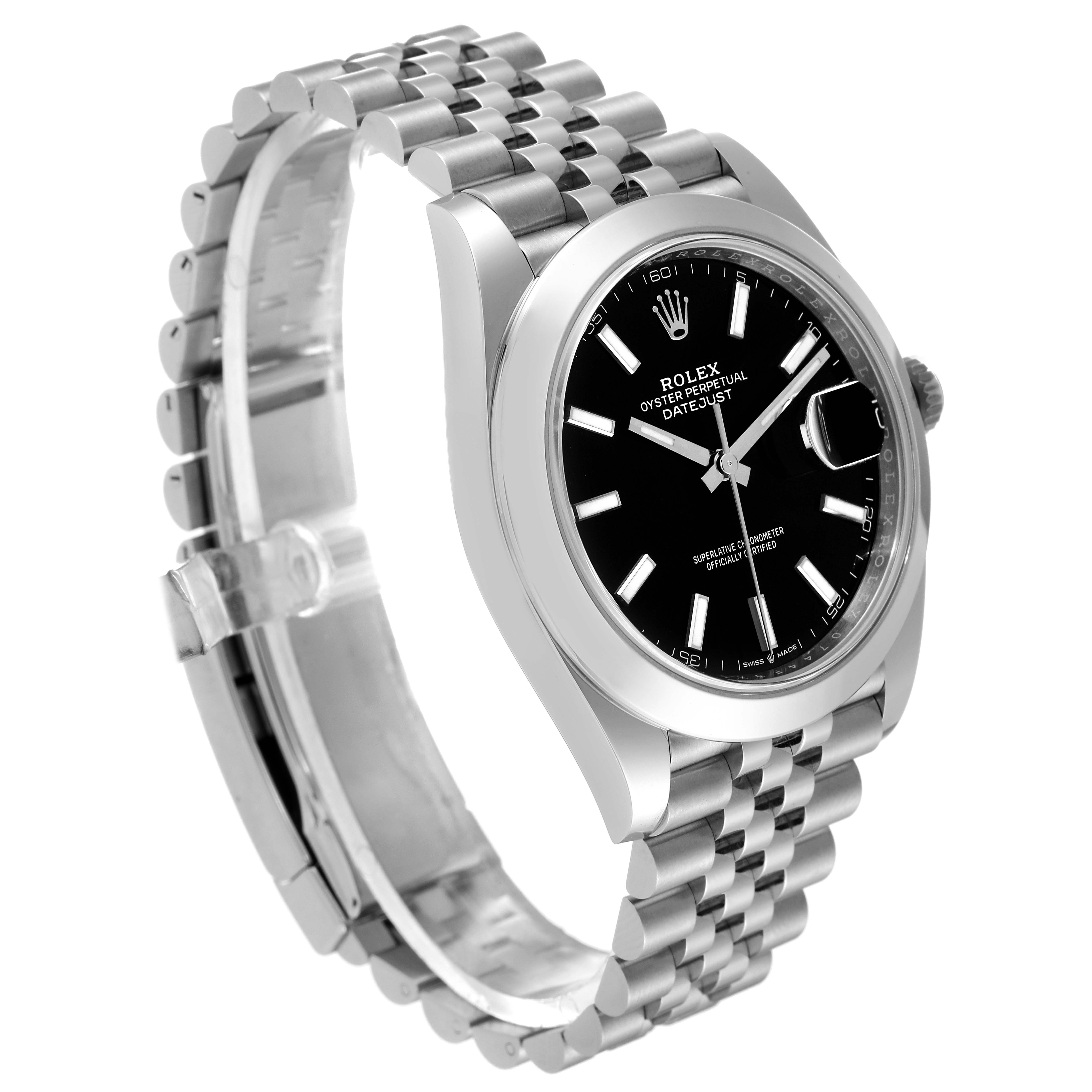 The Rolex Datejust 41 126300 Men's Stainless Steel Black Dial 126300 Men's Stainless Steel Black Dial model is shown at a slight angle, displaying the dial, bracelet, and clasp detail.