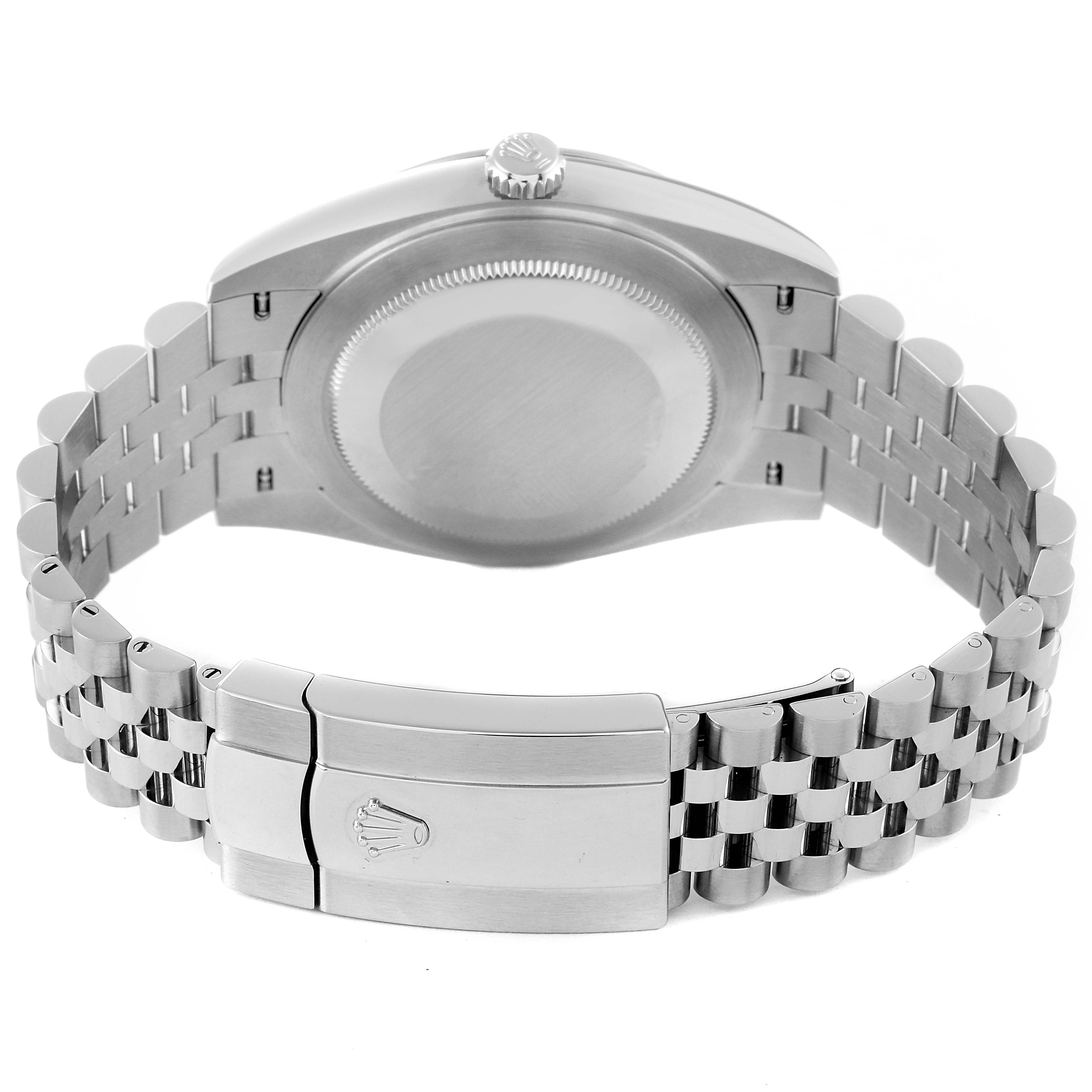 The image shows the back view of a Rolex Datejust 41 126300 Men's Stainless Steel Black Dial 126300 Men's Stainless Steel Black Dial with focus on its closed clasp and metal bracelet.