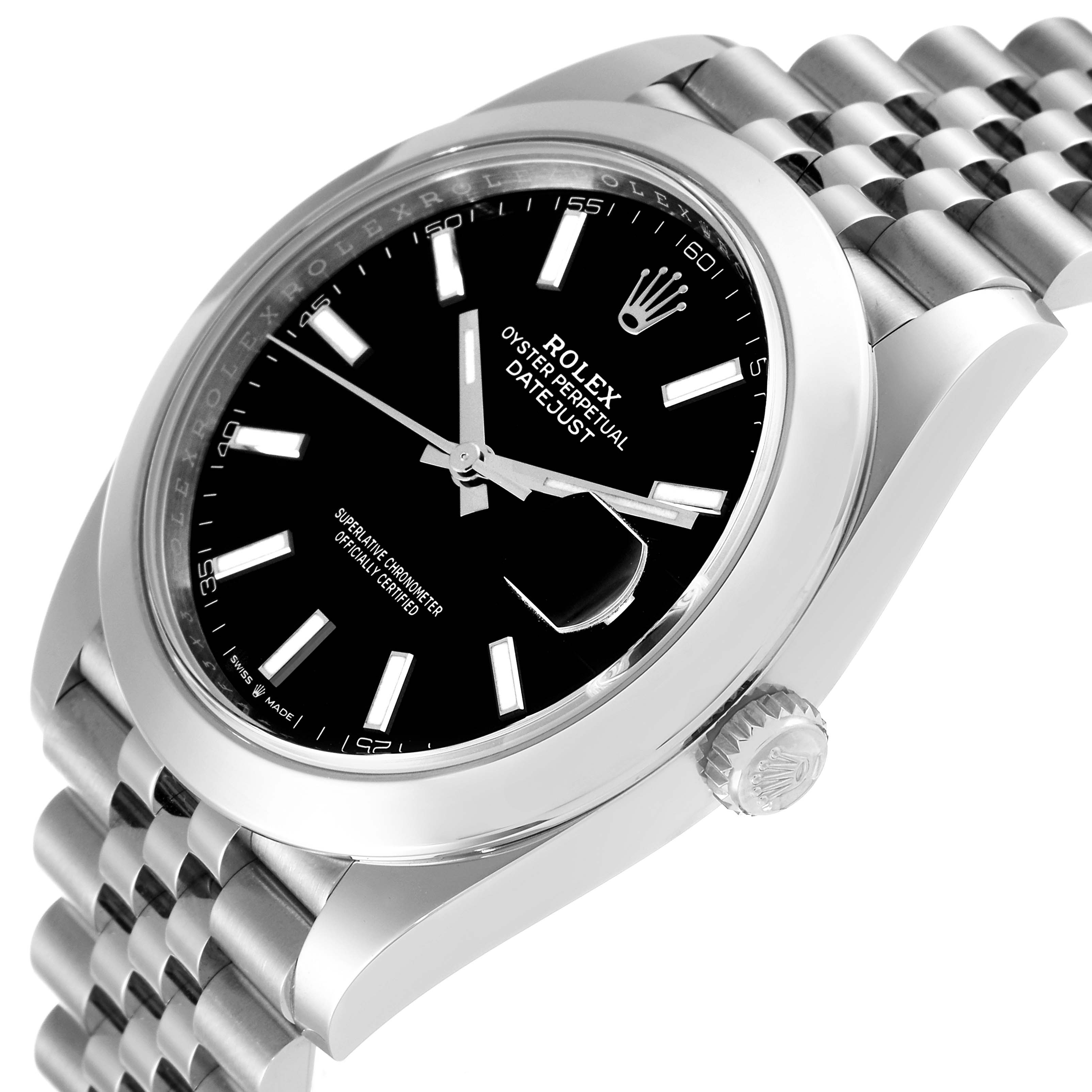 The Rolex Datejust 41 126300 Men's Stainless Steel Black Dial 126300 Men's Stainless Steel Black Dial watch is shown at a tilted angle highlighting its black dial, stainless steel bracelet, and crown.
