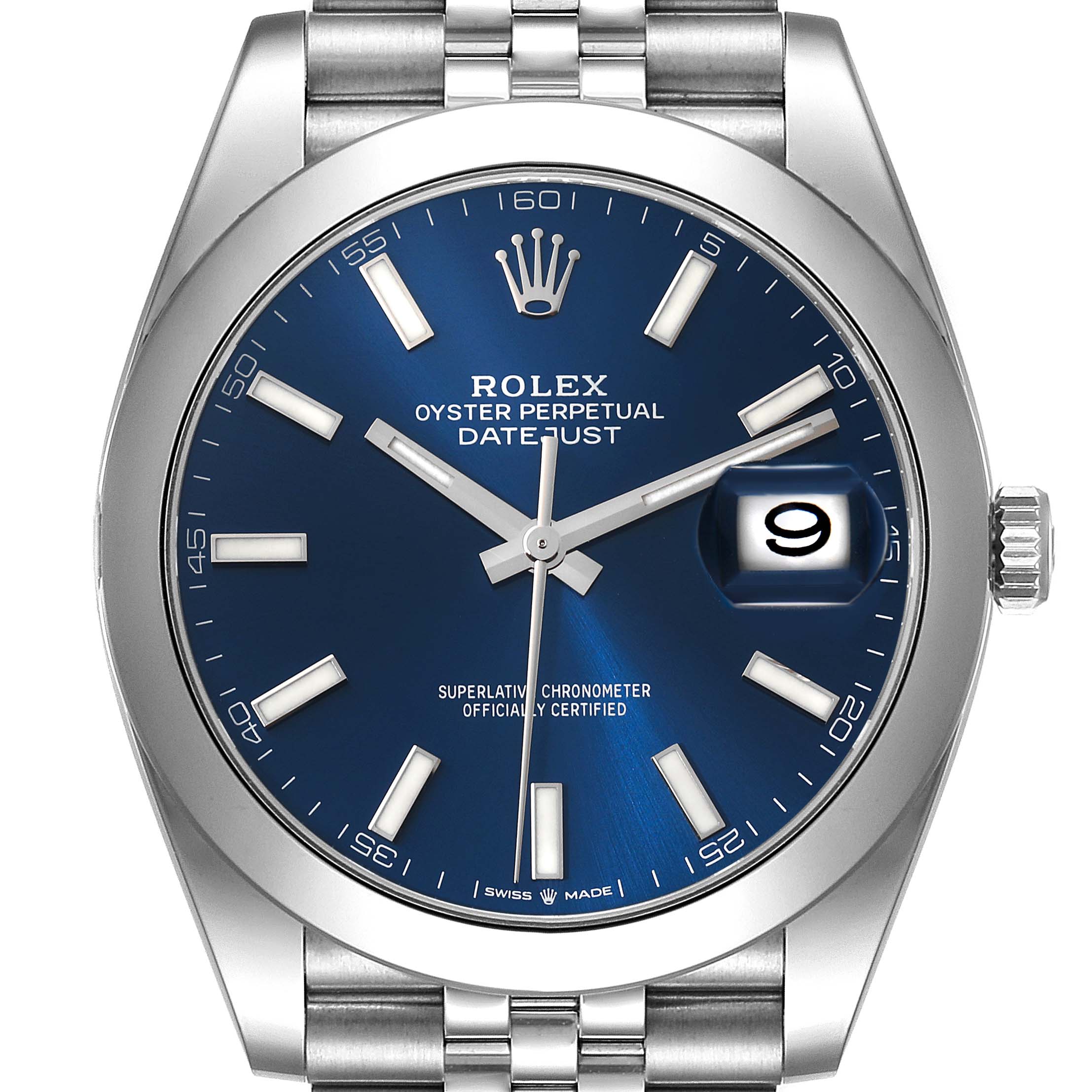 The image shows a front view of the Rolex Datejust 41 126300 Men's Stainless Steel Blue Dial 126300 Men's Stainless Steel Blue Dial watch with a blue dial and a stainless steel bracelet.