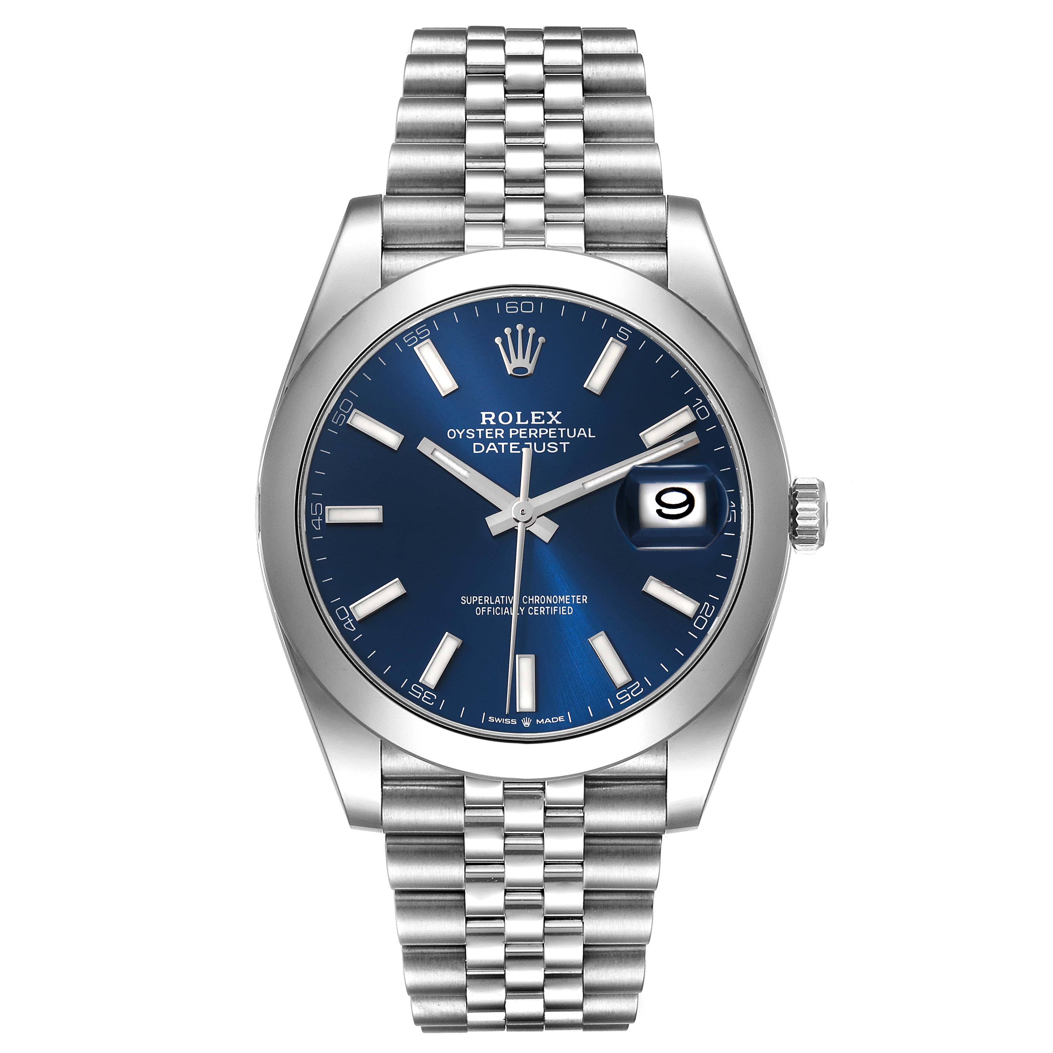 The Rolex Datejust 41 126300 Men's Stainless Steel Blue Dial 126300 Men's Stainless Steel Blue Dial watch is shown from the front, displaying its blue dial, date window, and Jubilee bracelet.