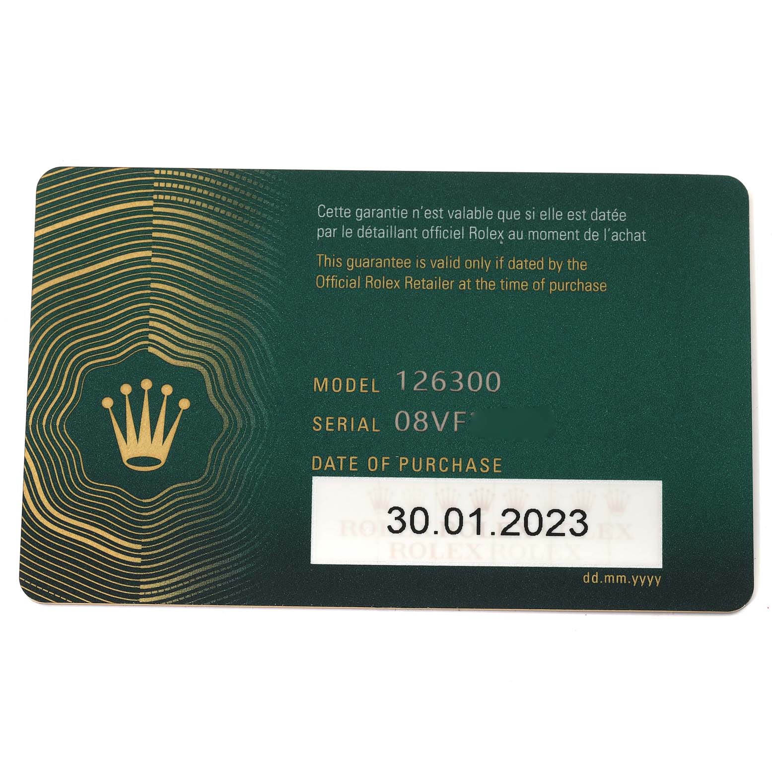 This image shows a warranty card for the Rolex Datejust 41 126300 Men's Stainless Steel Blue Dial 126300 Men's Stainless Steel Blue Dial model 126300, including the serial number and purchase date.