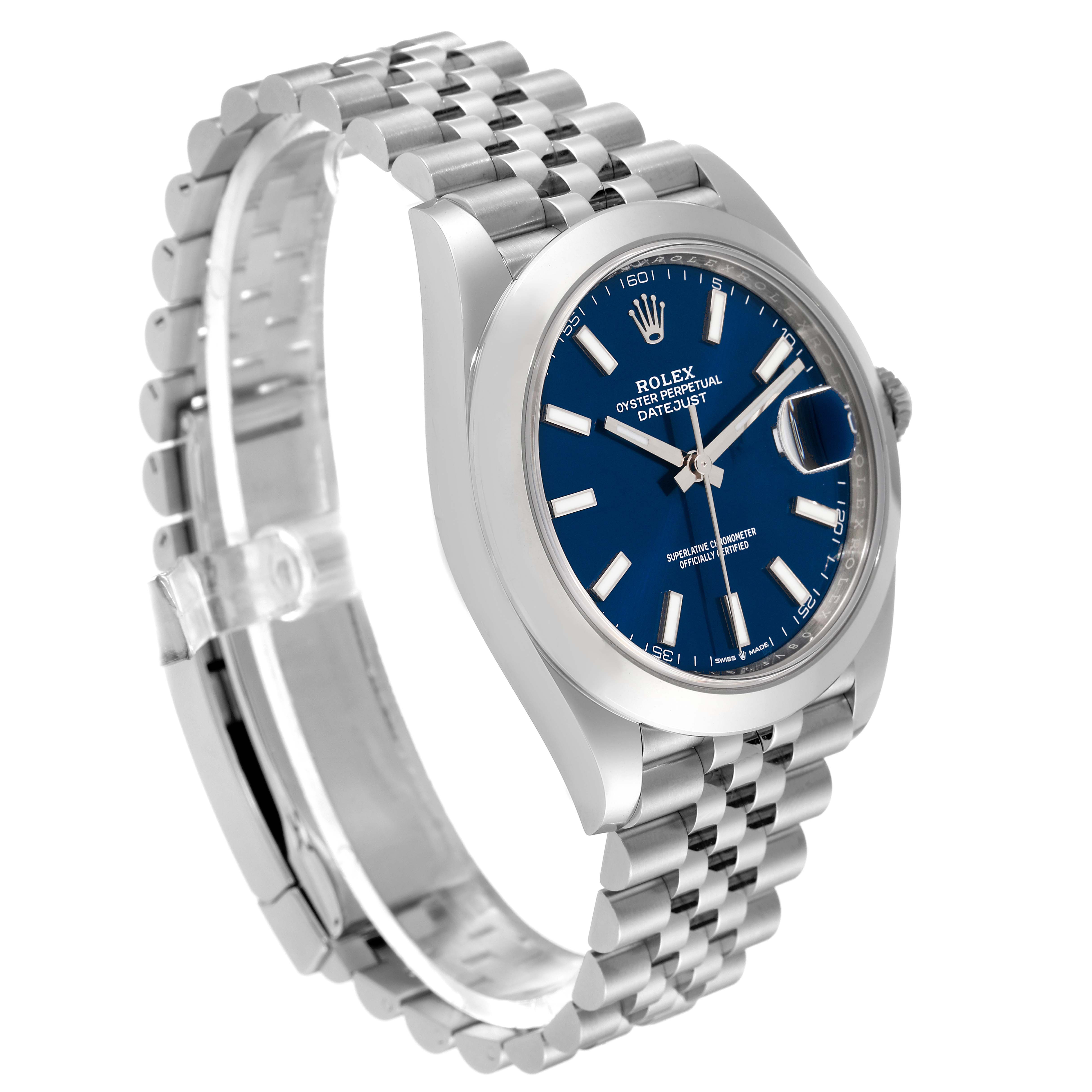 The Rolex Datejust 41 126300 Men's Stainless Steel Blue Dial 126300 Men's Stainless Steel Blue Dial watch is shown at an angle displaying the blue dial, case, crown, and Jubilee bracelet.