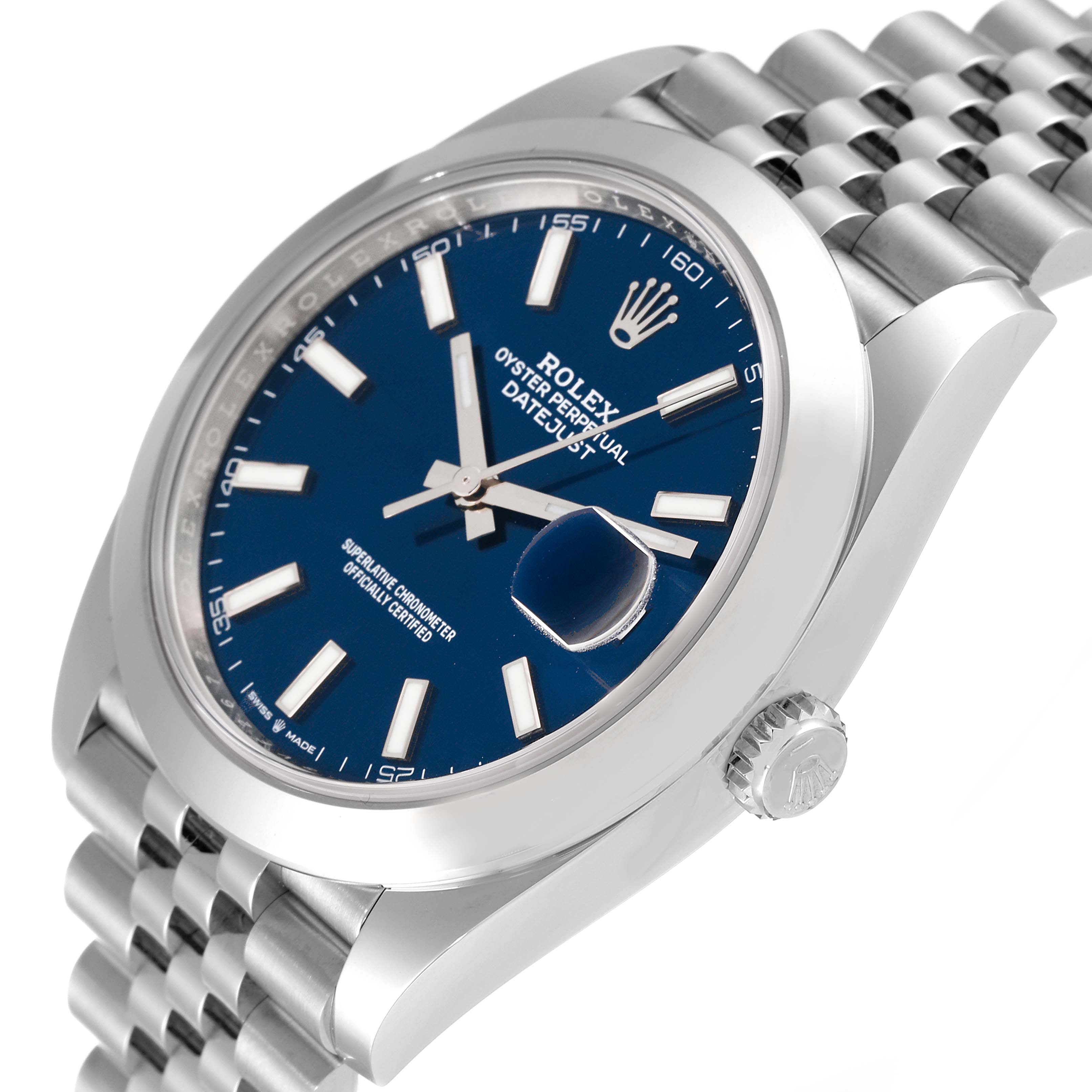 The image shows a Rolex Datejust 41 126300 Men's Stainless Steel Blue Dial 126300 Men's Stainless Steel Blue Dial watch at a slight angle, highlighting the face, crown, and part of the bracelet.