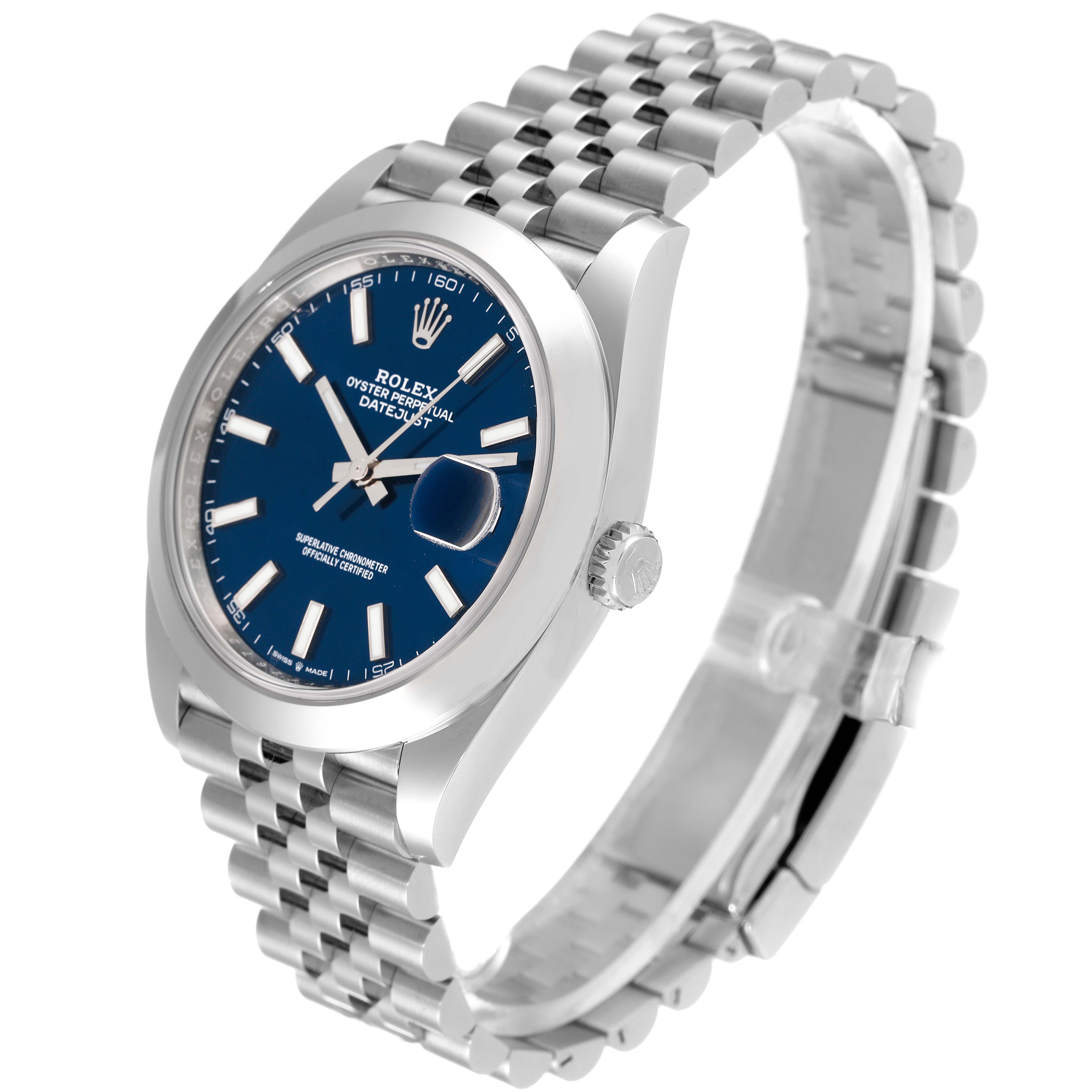 The Rolex Datejust 41 126300 Men's Stainless Steel Blue Dial 126300 Men's Stainless Steel Blue Dial watch is shown from an angled view highlighting its face, bezel, and bracelet.
