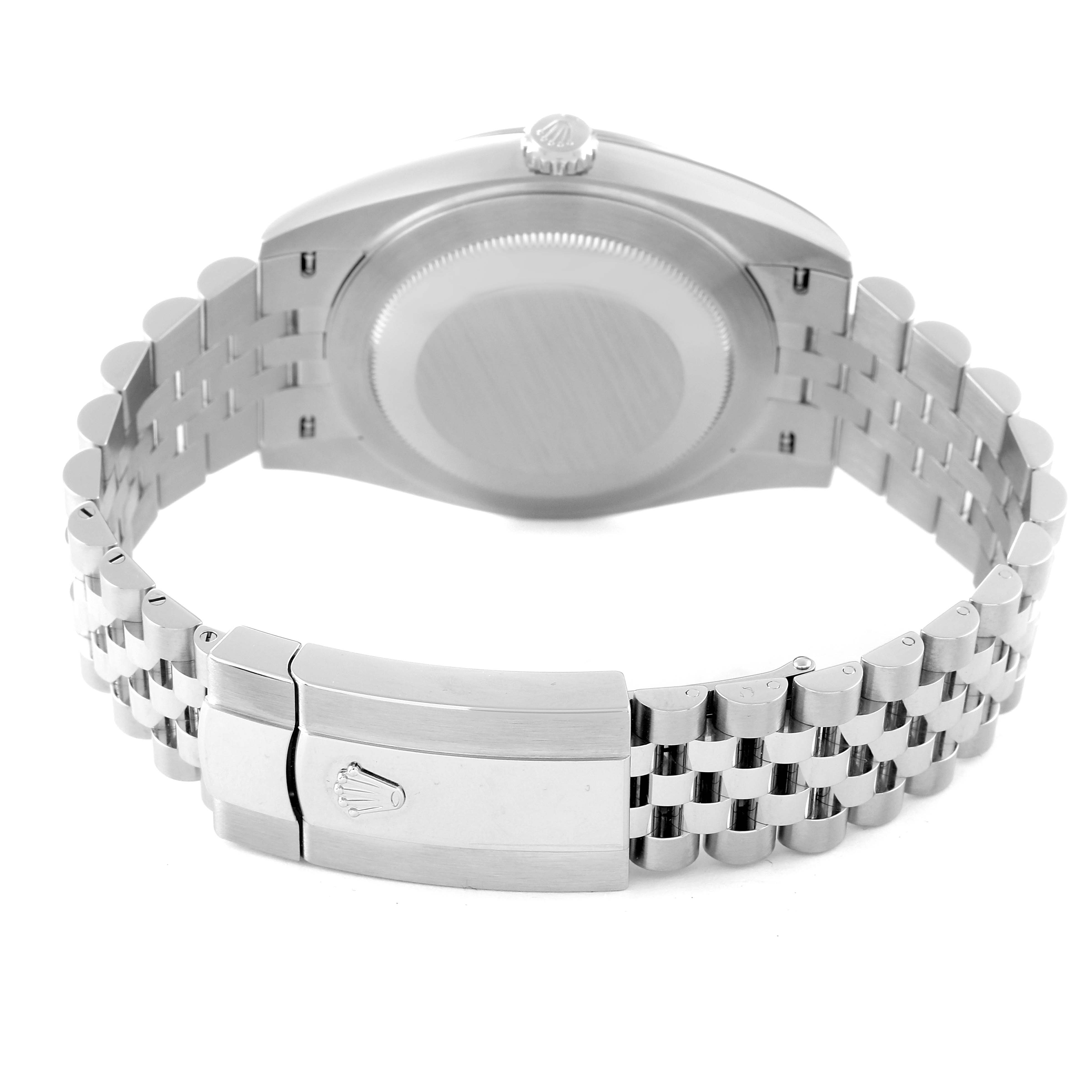 The image shows the back view of the Rolex Datejust 41 126300 Men's Stainless Steel Blue Dial 126300 Men's Stainless Steel Blue Dial, highlighting the case back, crown, and Jubilee bracelet with the clasp.