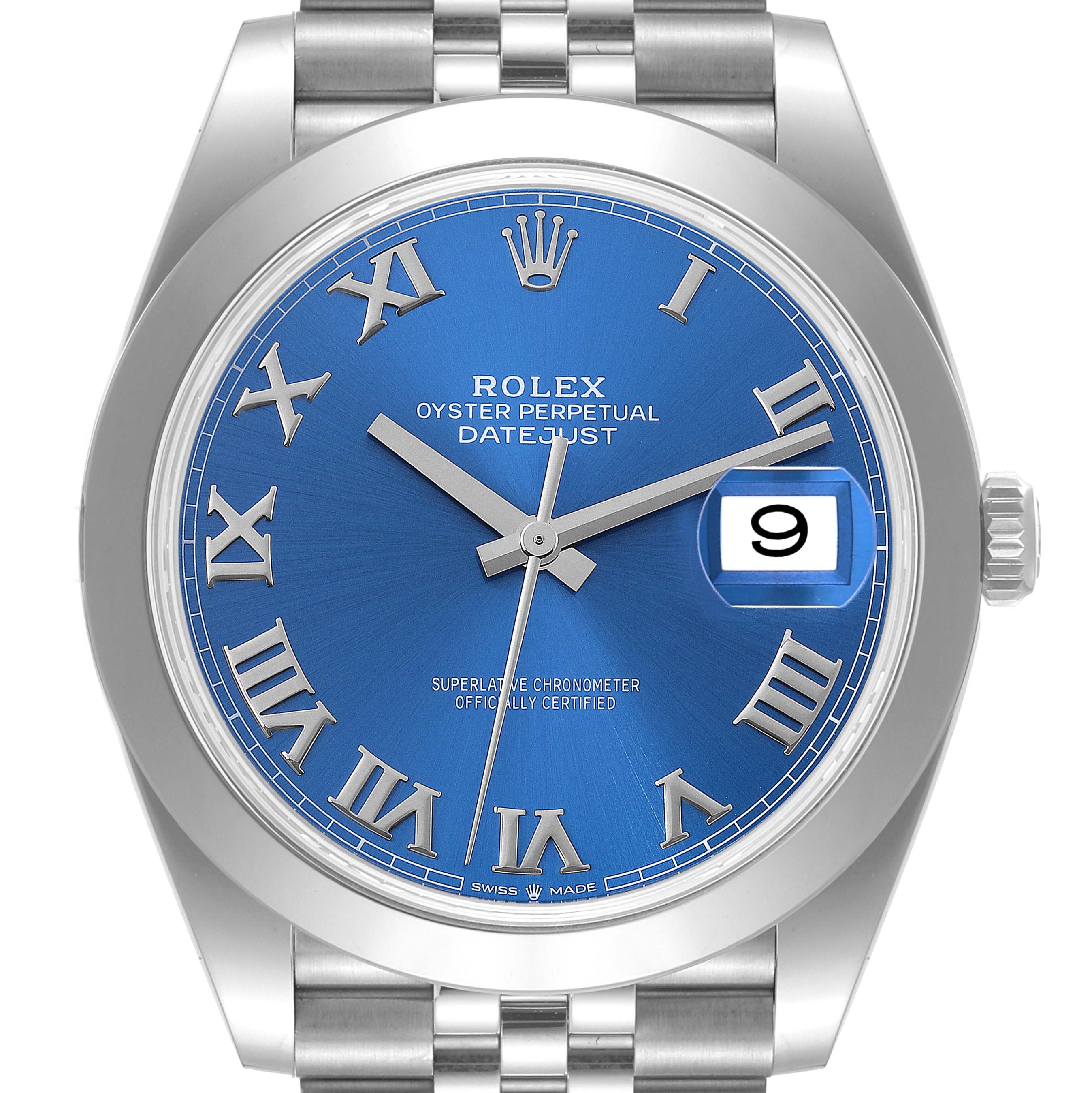 The image shows the front view of a Rolex Datejust 41 126300 Men's Stainless Steel Blue Dial 126300 Men's Stainless Steel Blue Dial watch, highlighting the blue dial, Roman numeral markers, and date window.