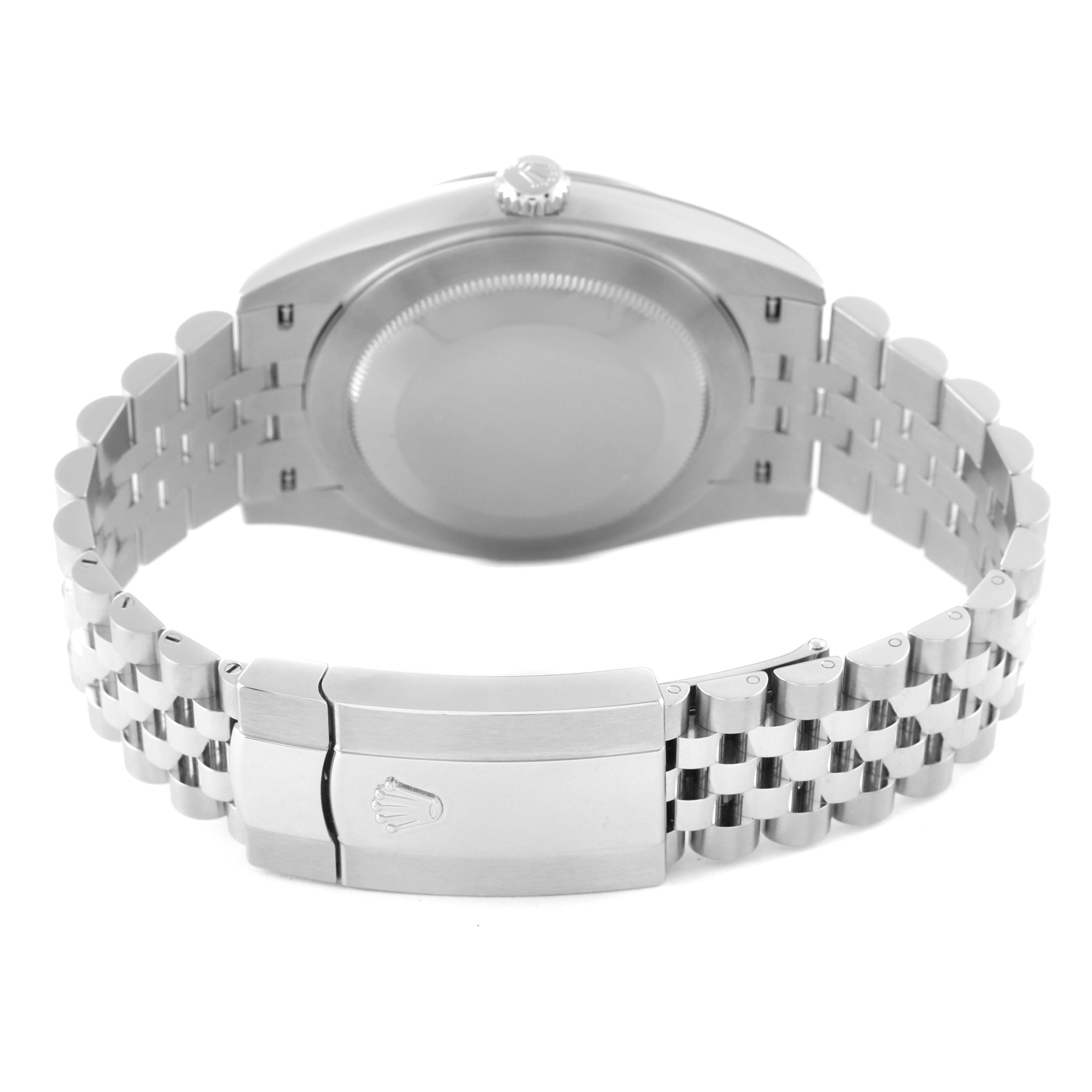 The image shows the back view of a Rolex Datejust 41 126300 Men's Stainless Steel Blue Dial 126300 Men's Stainless Steel Blue Dial watch, highlighting the case, bracelet, and clasp.