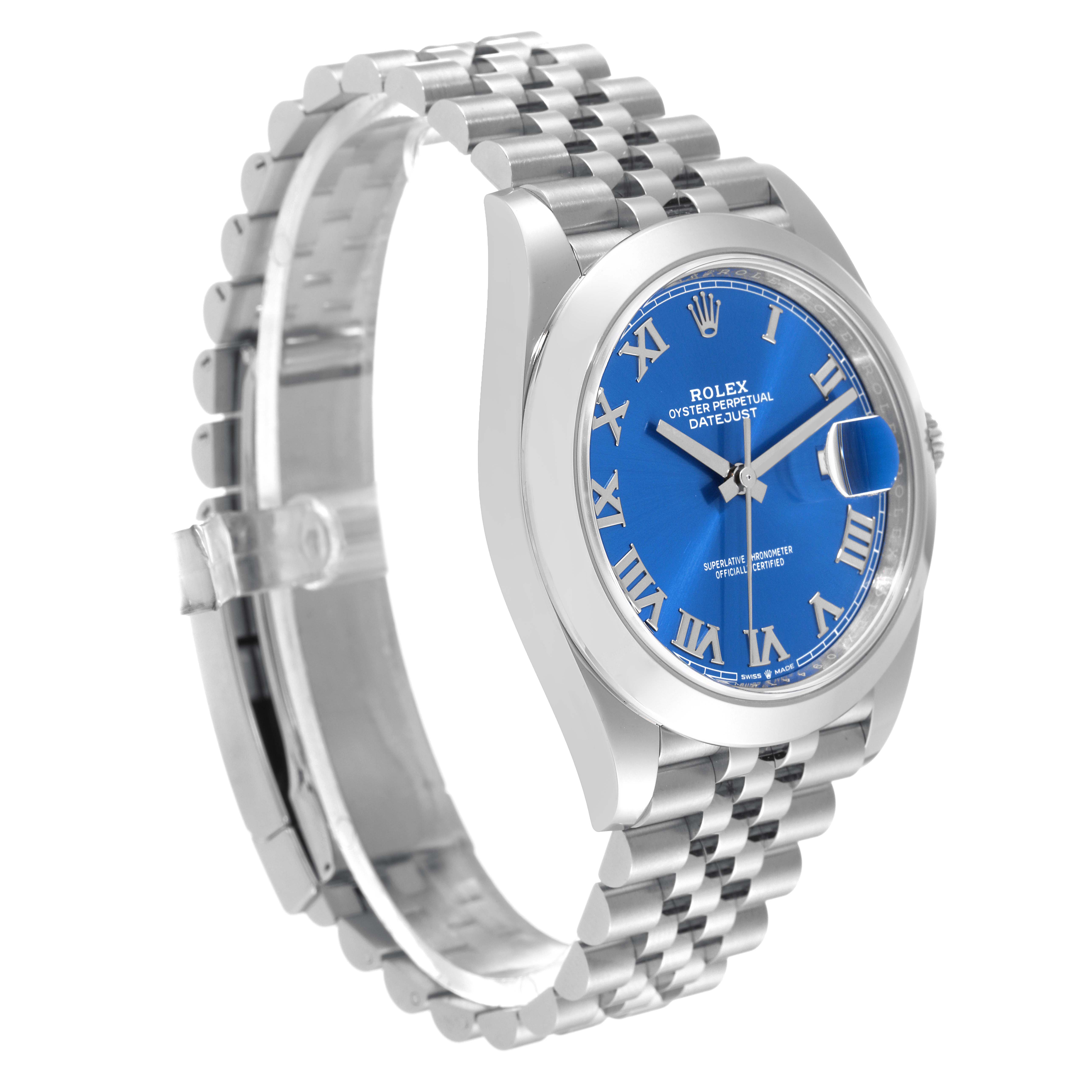 The image shows a side angle of a Rolex Datejust 41 126300 Men's Stainless Steel Blue Dial 126300 Men's Stainless Steel Blue Dial watch, highlighting its blue dial, Roman numerals, and Jubilee bracelet.