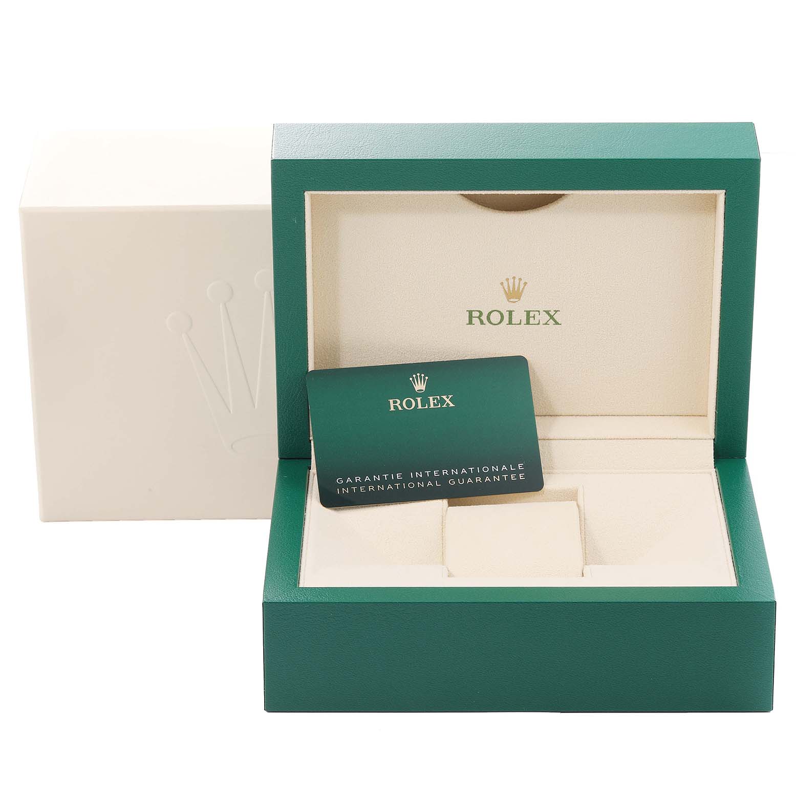 The image shows the open box and guarantee card for the Rolex Datejust 41 126300 Men's Stainless Steel Blue Dial 126300 Men's Stainless Steel Blue Dial model.