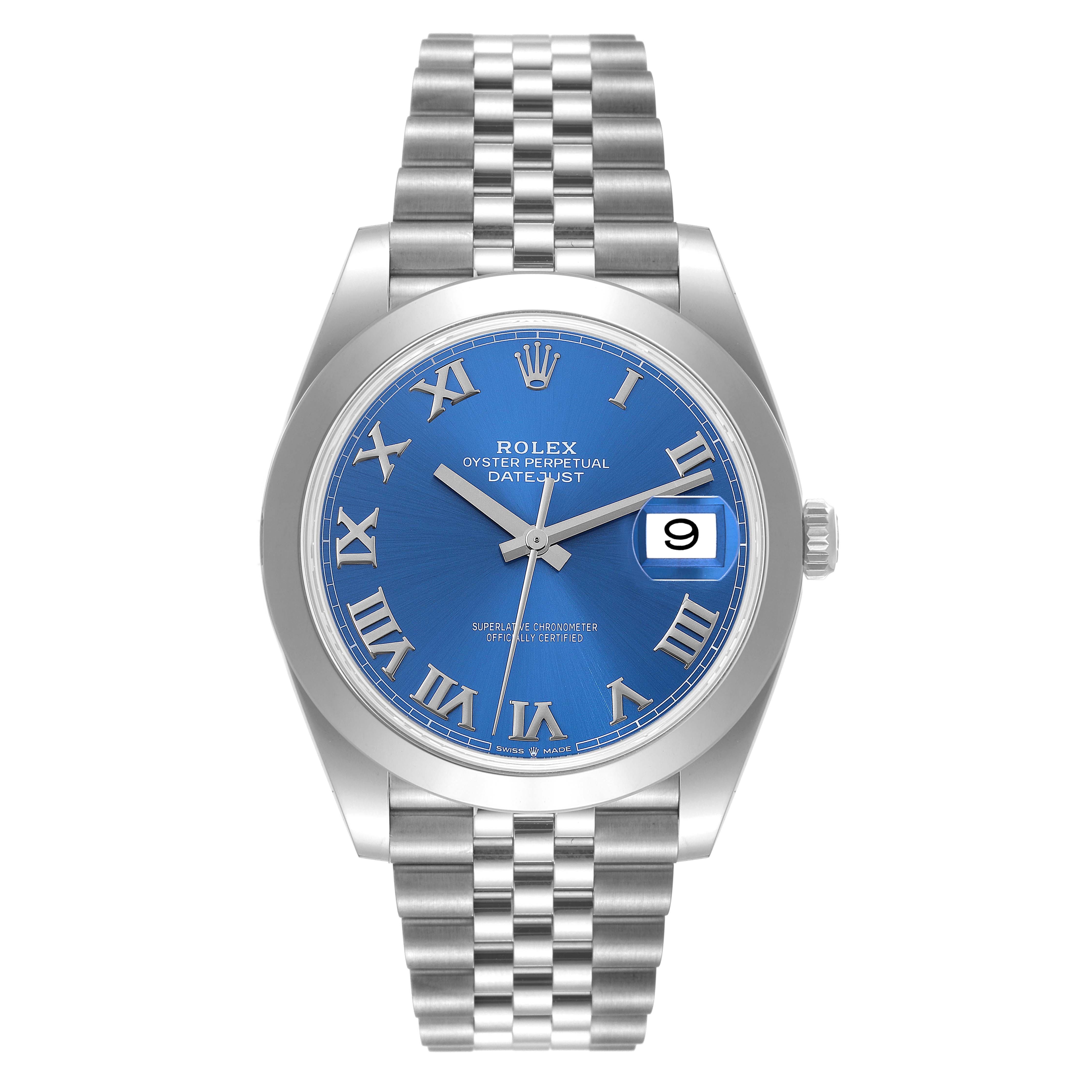 The image shows a frontal view of the Rolex Datejust 41 126300 Men's Stainless Steel Blue Dial 126300 Men's Stainless Steel Blue Dial watch, highlighting its blue dial, Roman numerals, and jubilee bracelet.