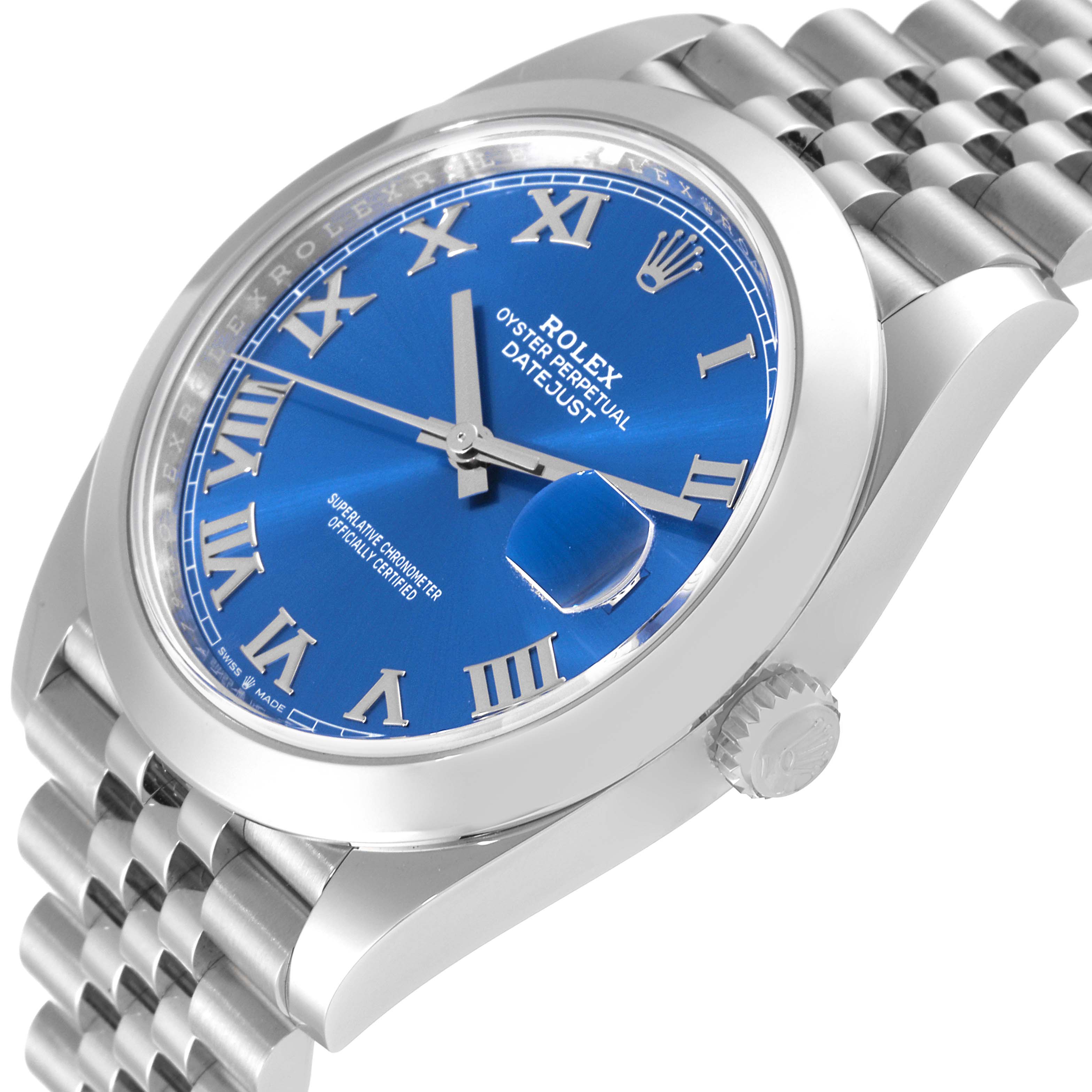 The image shows the Rolex Datejust 41 126300 Men's Stainless Steel Blue Dial 126300 Men's Stainless Steel Blue Dial watch from a slightly tilted angle, highlighting the blue dial, Roman numerals, and partial bracelet.
