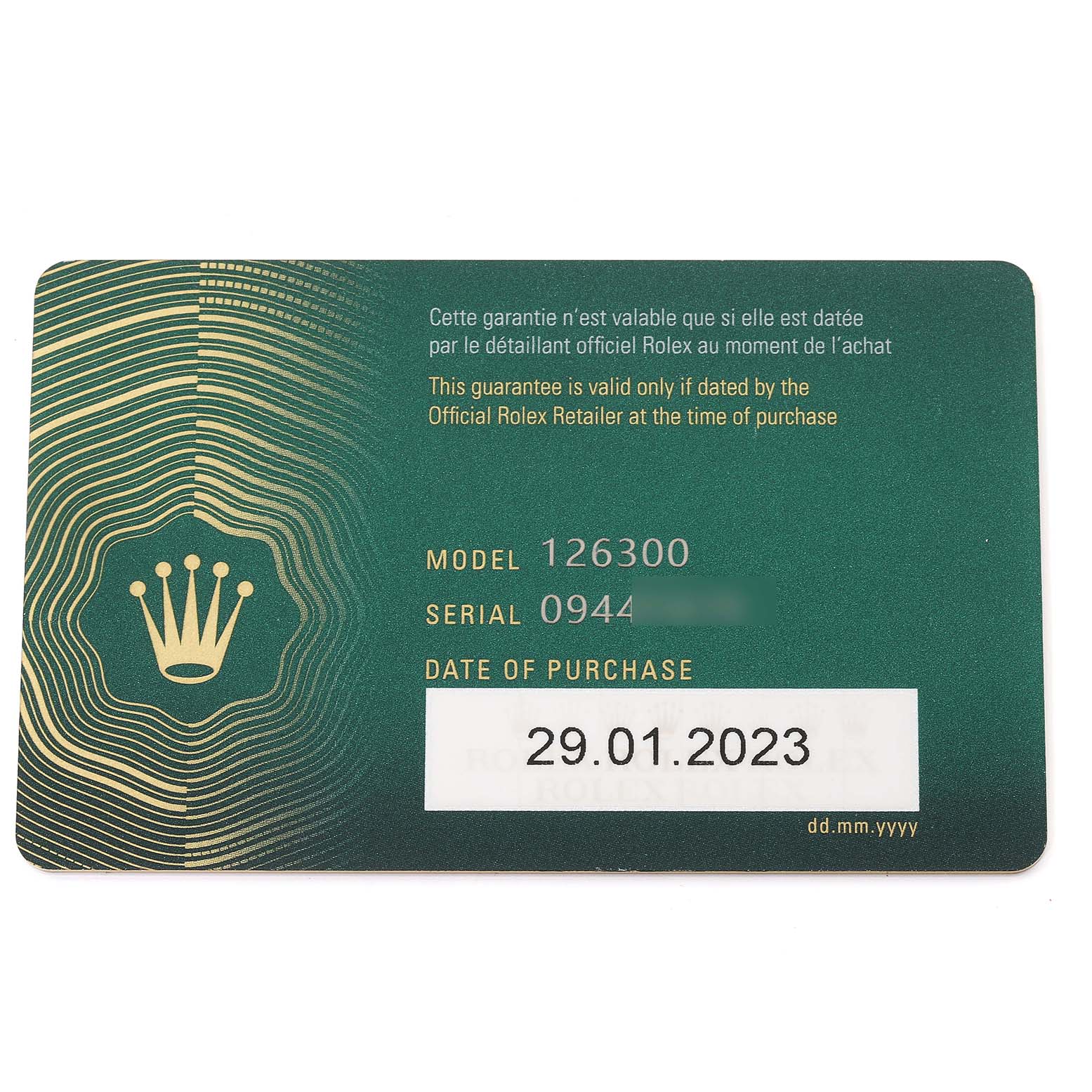 This is a warranty card for the Rolex Datejust 41 126300 Men's Stainless Steel Blue Dial 126300 Men's Stainless Steel Blue Dial model, showing the model number, serial number, and date of purchase.