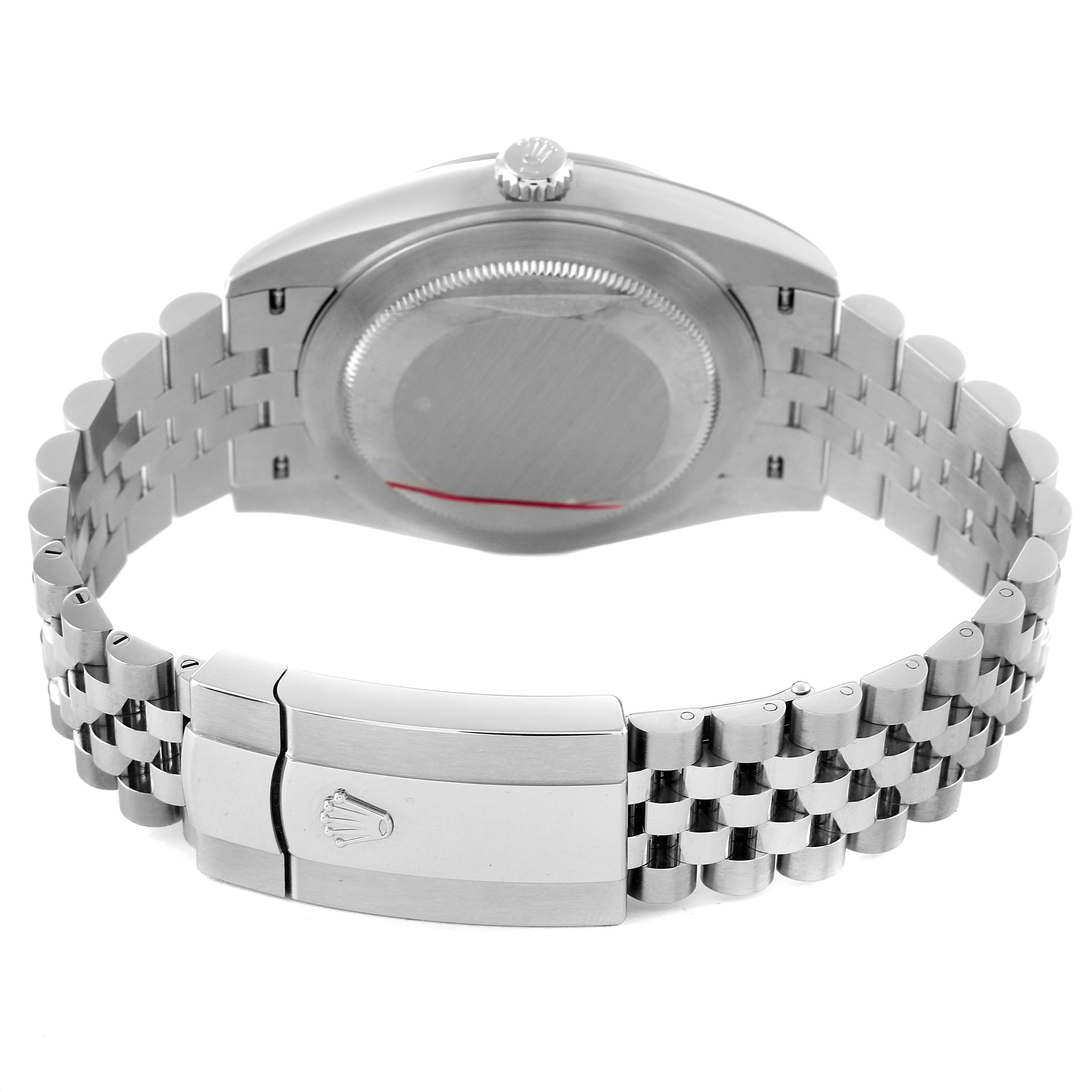 The image shows the back of the Rolex Datejust 41 126300 Men's Stainless Steel Grey Dial 126300 Men's Stainless Steel Grey Dial watch, highlighting the case back and Jubilee bracelet with clasp.